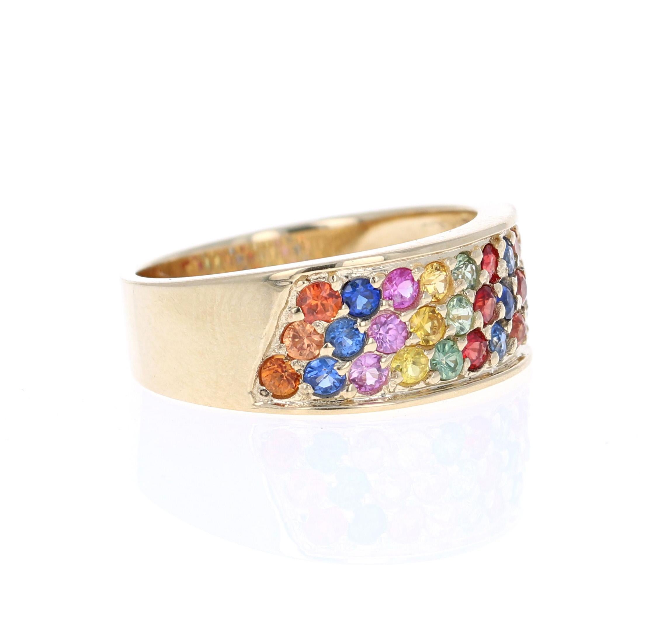 1.95 Carat Multi Color Sapphire 14 Karat Yellow Gold Band

There are 33 Multi Color Natural Sapphires in this band that weigh 1.95 Carats. It is made in 14K Yellow Gold and weighs approximately 5.0 Grams.
The band is a size 7 and can be re-sized at
