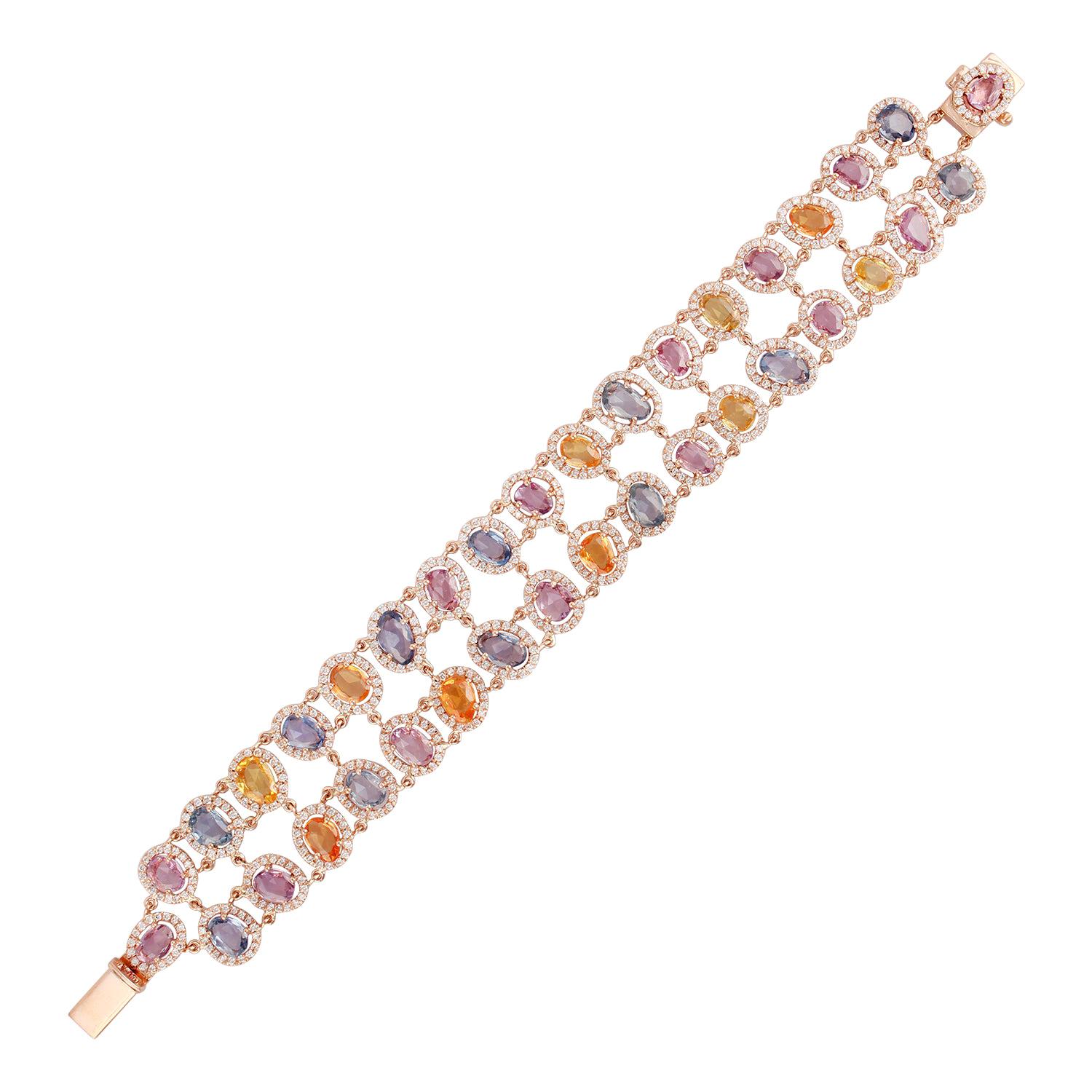 Multicolored Sapphire and Diamond Bracelet Set in 18 Karat Rose Gold
