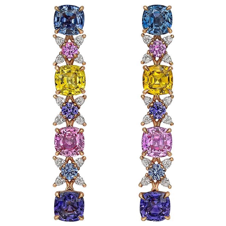 Multicolored Sapphire and Diamond Drop Earrings