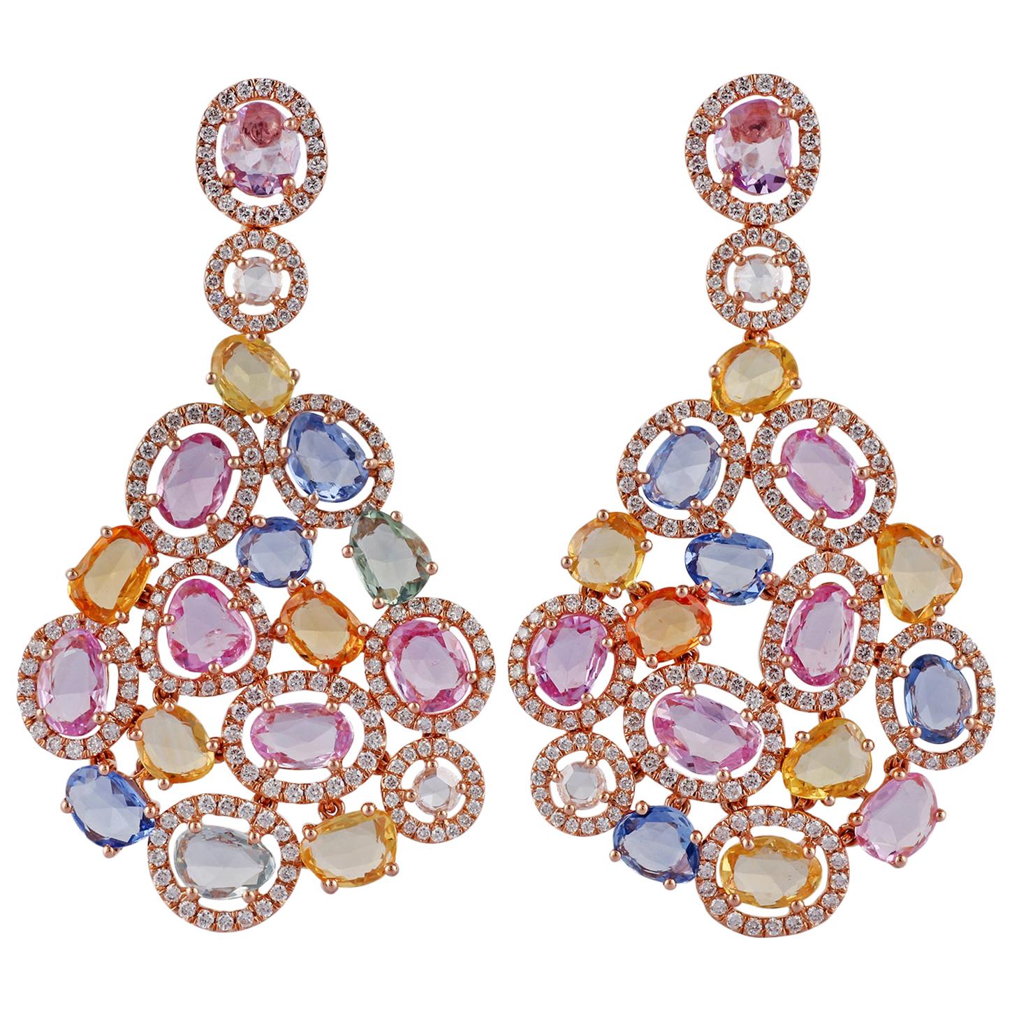 Multicolored Sapphire and Diamond Earring in 18 Karat Rose Gold