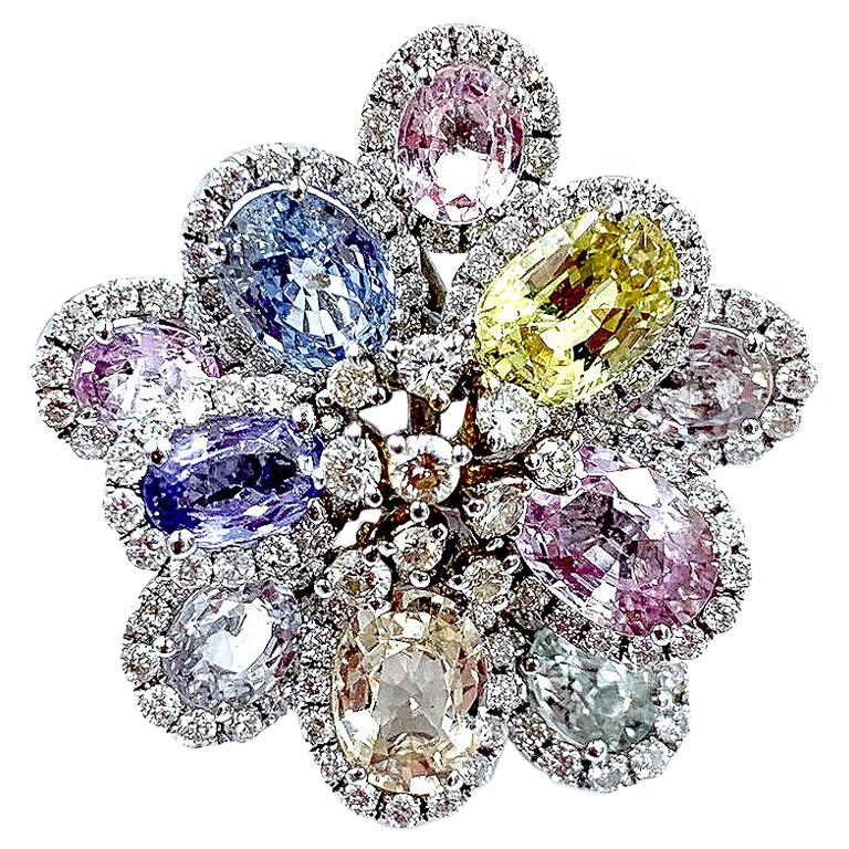 Multicolored Sapphire and Diamond Flower Ring For Sale