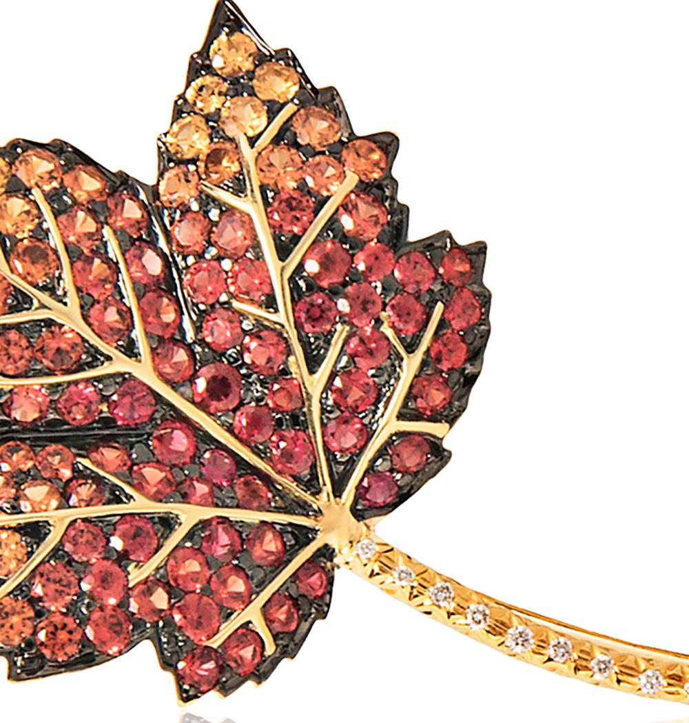 Round Cut Multicolored Sapphire and Diamond Leaf Brooch