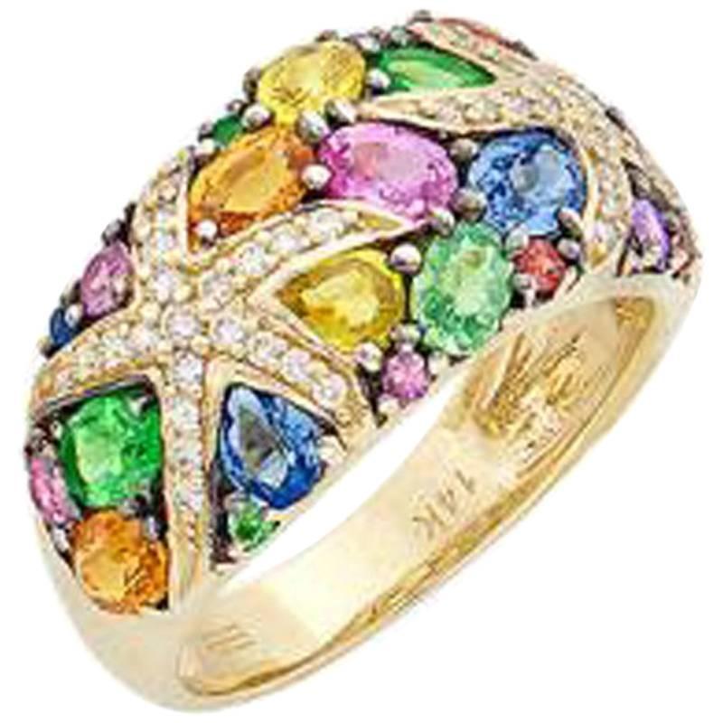 Multicolored Sapphire and Diamond Ring, 14 Karat Yellow Gold