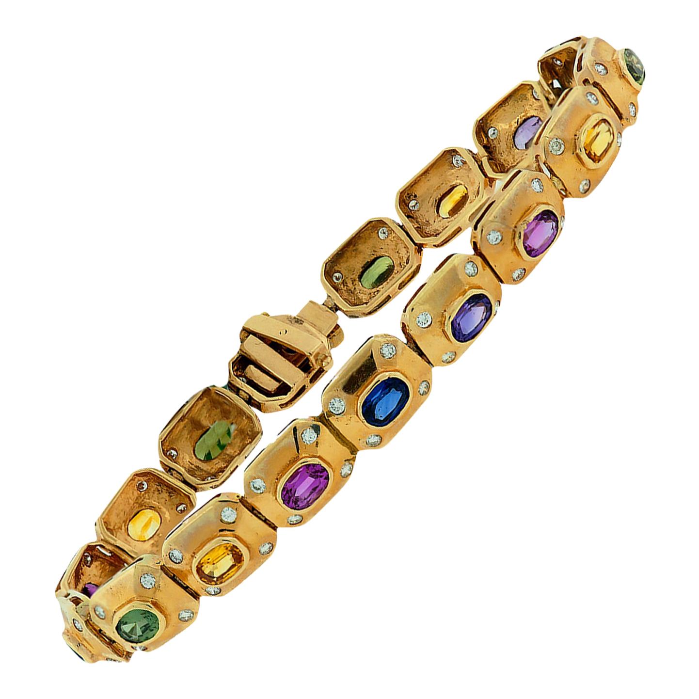 18 Karat Yellow Gold Multicolored Sapphire and Diamond Bracelet For ...