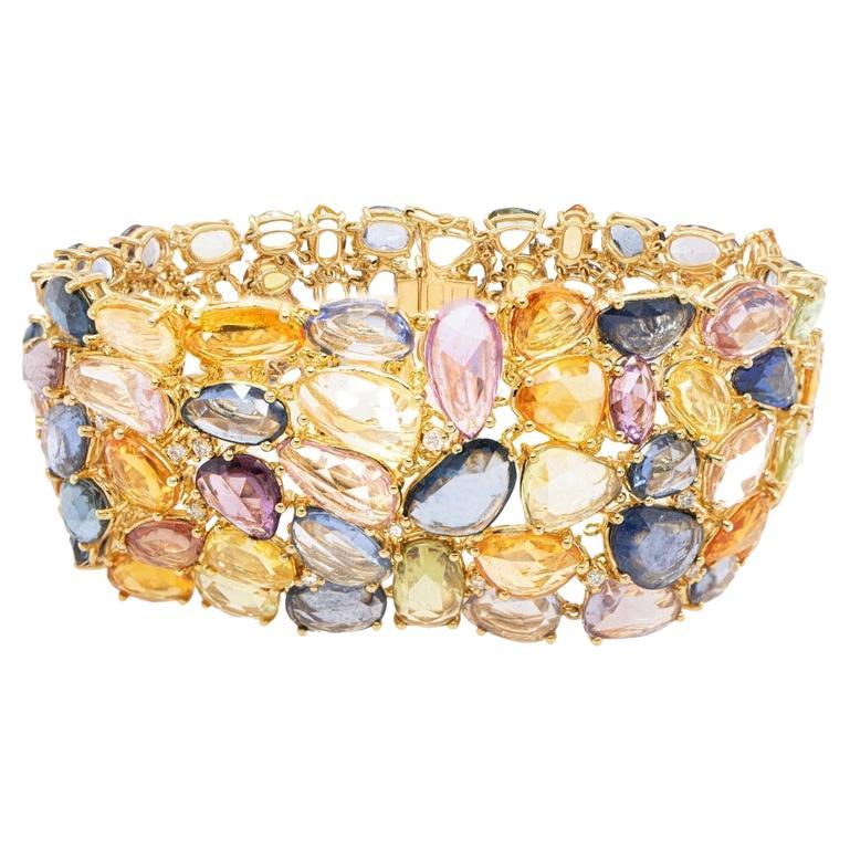 Multicolored Sapphire Bracelet 118 Carats Total with Diamonds 18k Gold For Sale