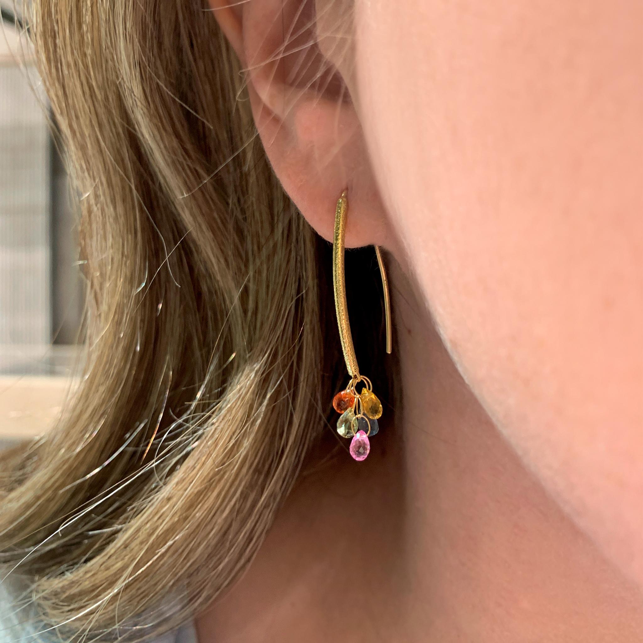 Navette Wire Dangle Earrings Earrings hand-fabricated by acclaimed, award-winning jewelry maker Barbara Heinrich in her signature-finished 18k yellow gold featuring 3.22 total carats of perfectly-matched blue, pink, green, yellow, and orange