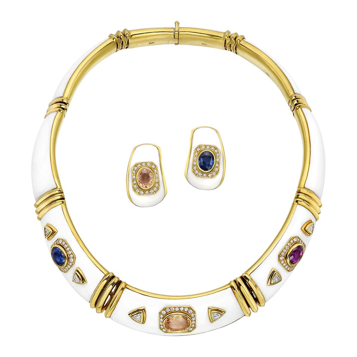 Multicolored Sapphire, Diamond and White Enamel Necklace and Earclips