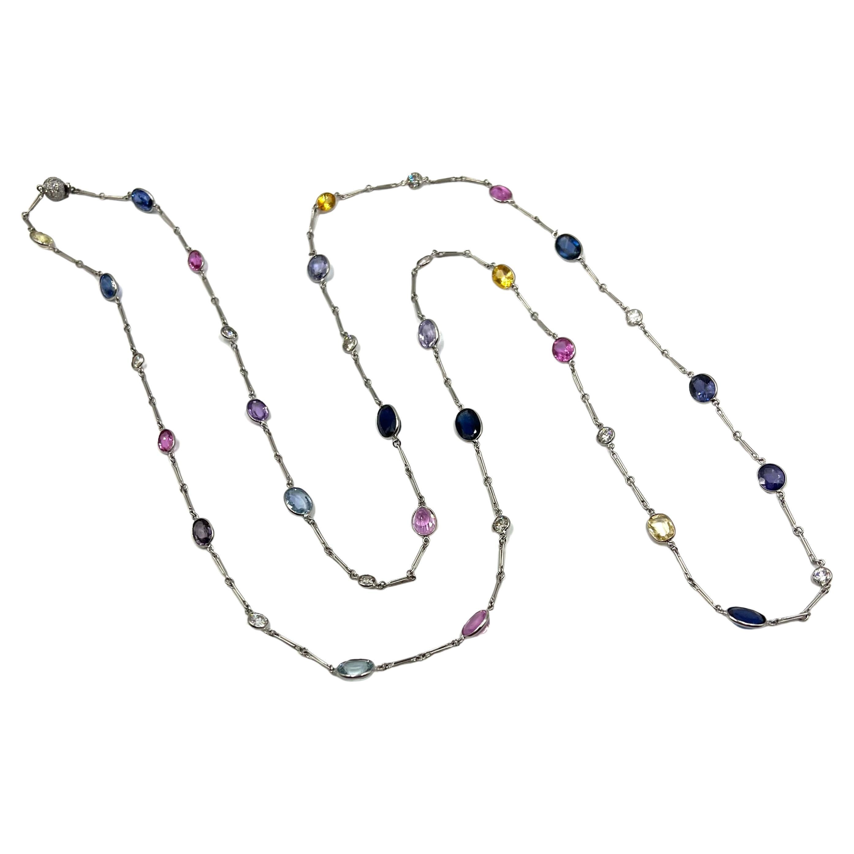 Platinum Multicolored Sapphire Diamond by the Yard Necklace For Sale