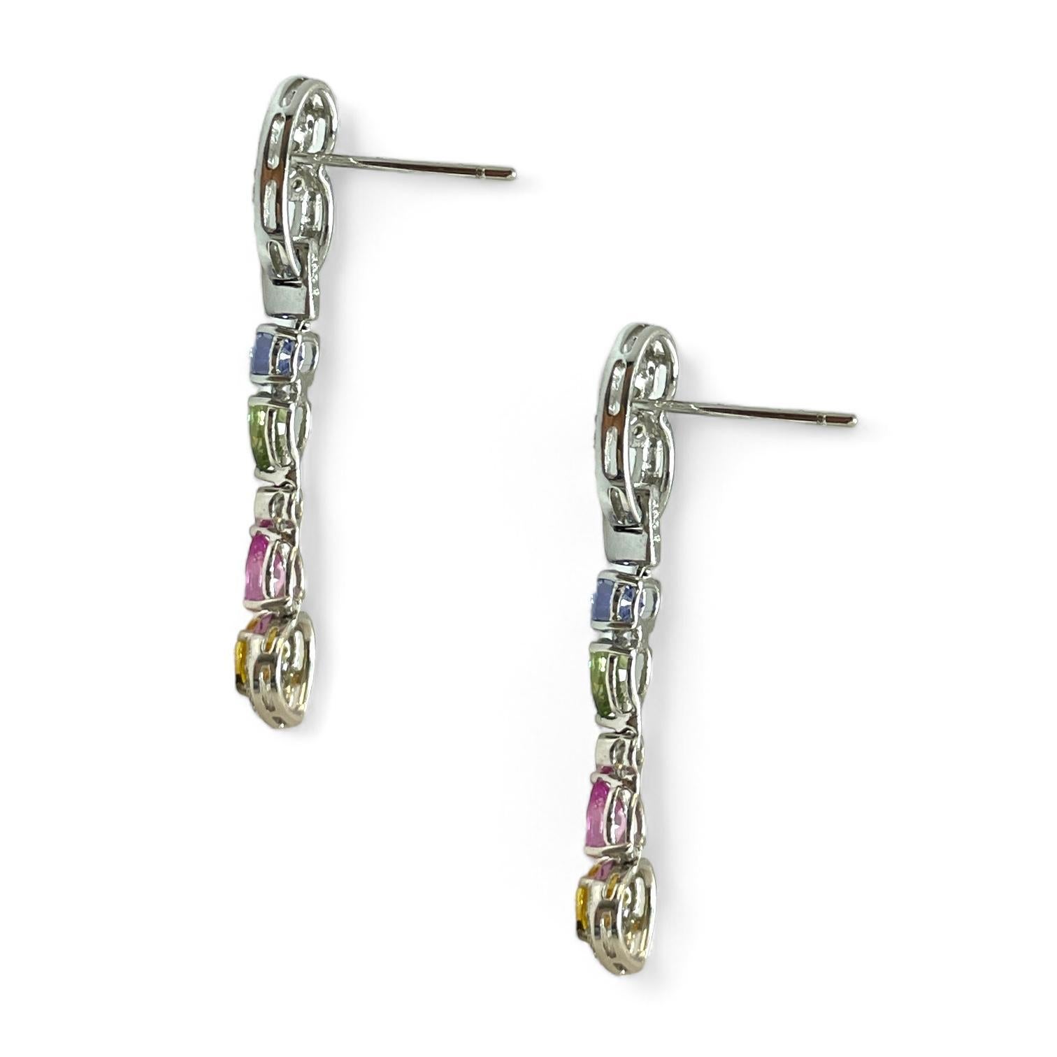 Pendientes Colgantes de Zafiro Multicolor y Diamante en Oro Blanco de 18 K Moderno en venta