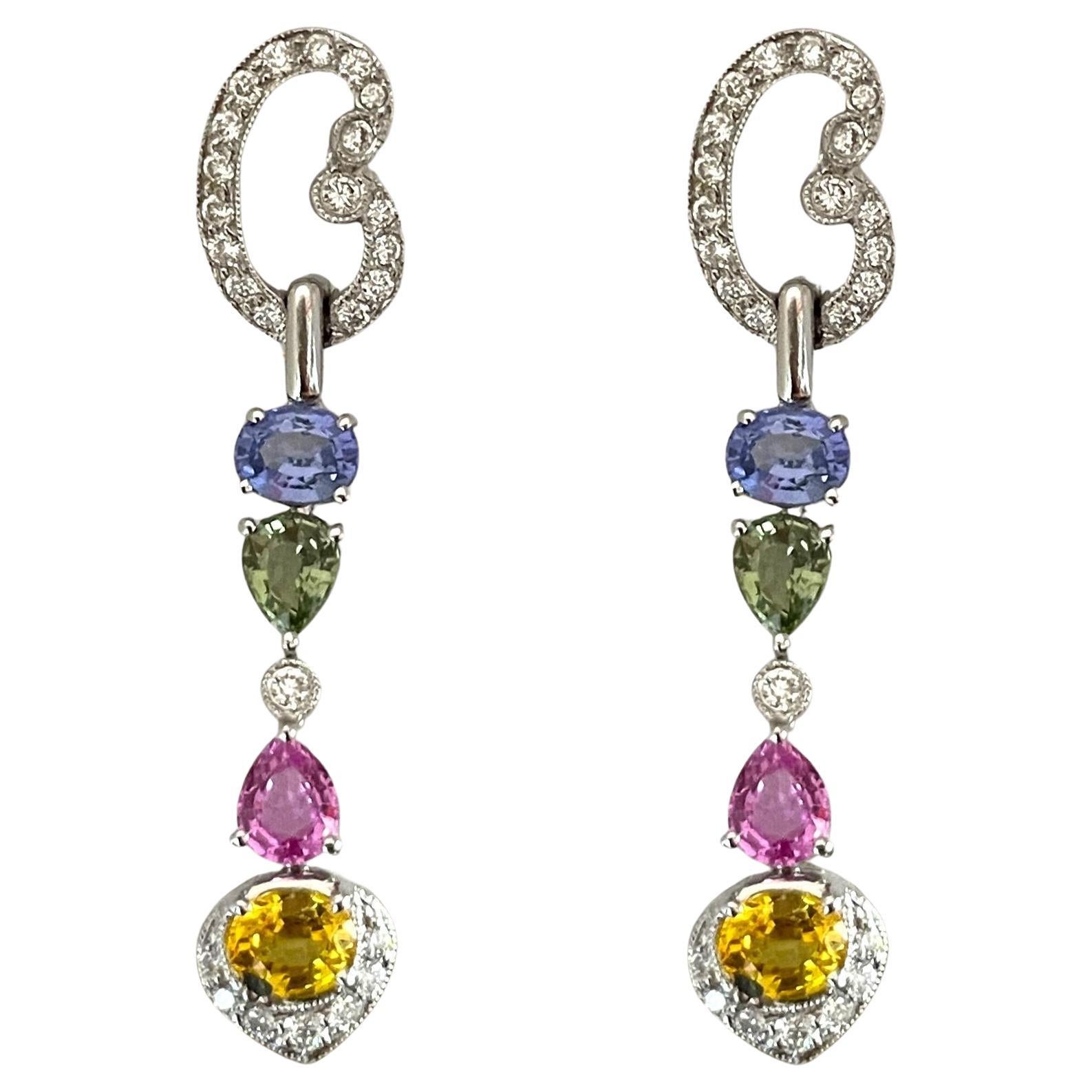 Multicolored Sapphire & Diamond Dangle Earrings in 18K White Gold