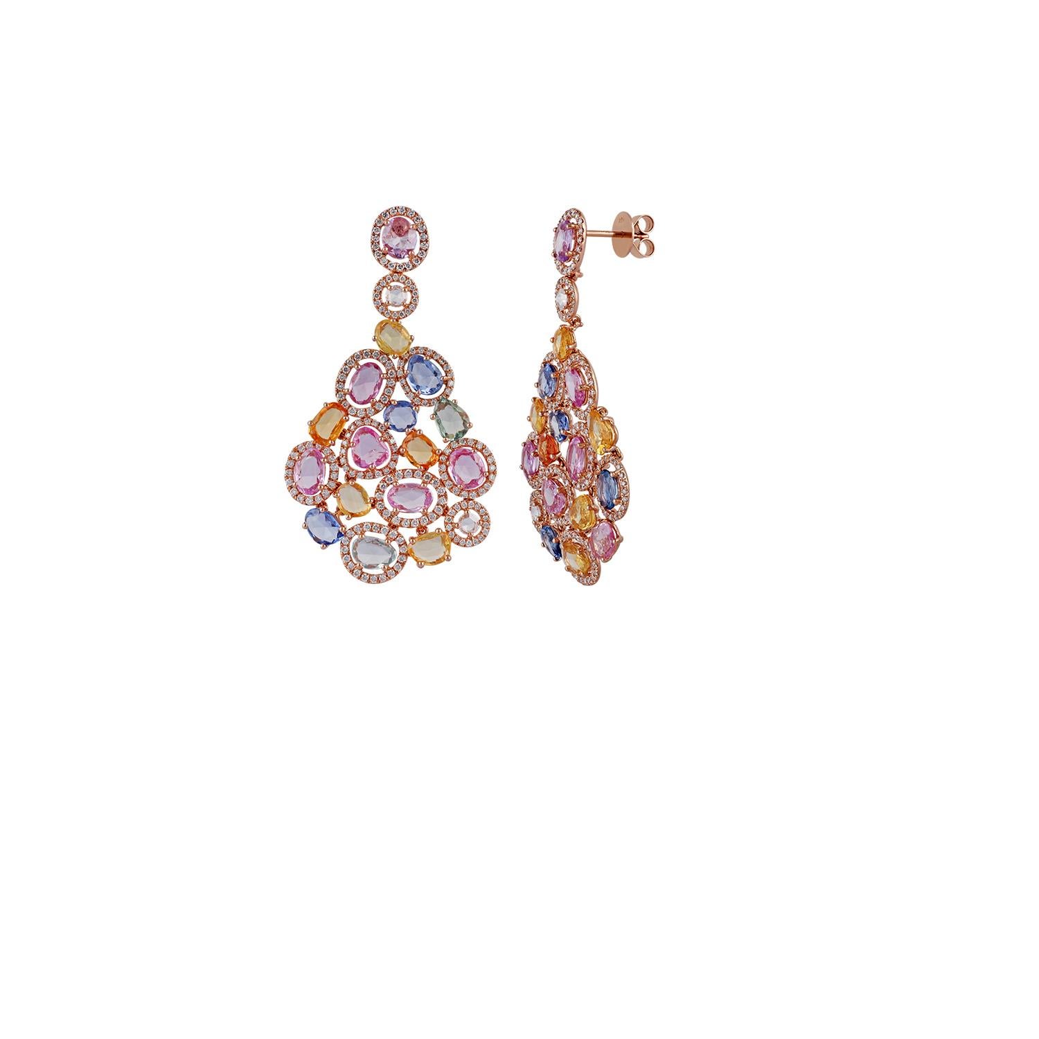 Contemporary Multicolored Sapphire and Diamond Earring in 18 Karat Rose Gold
