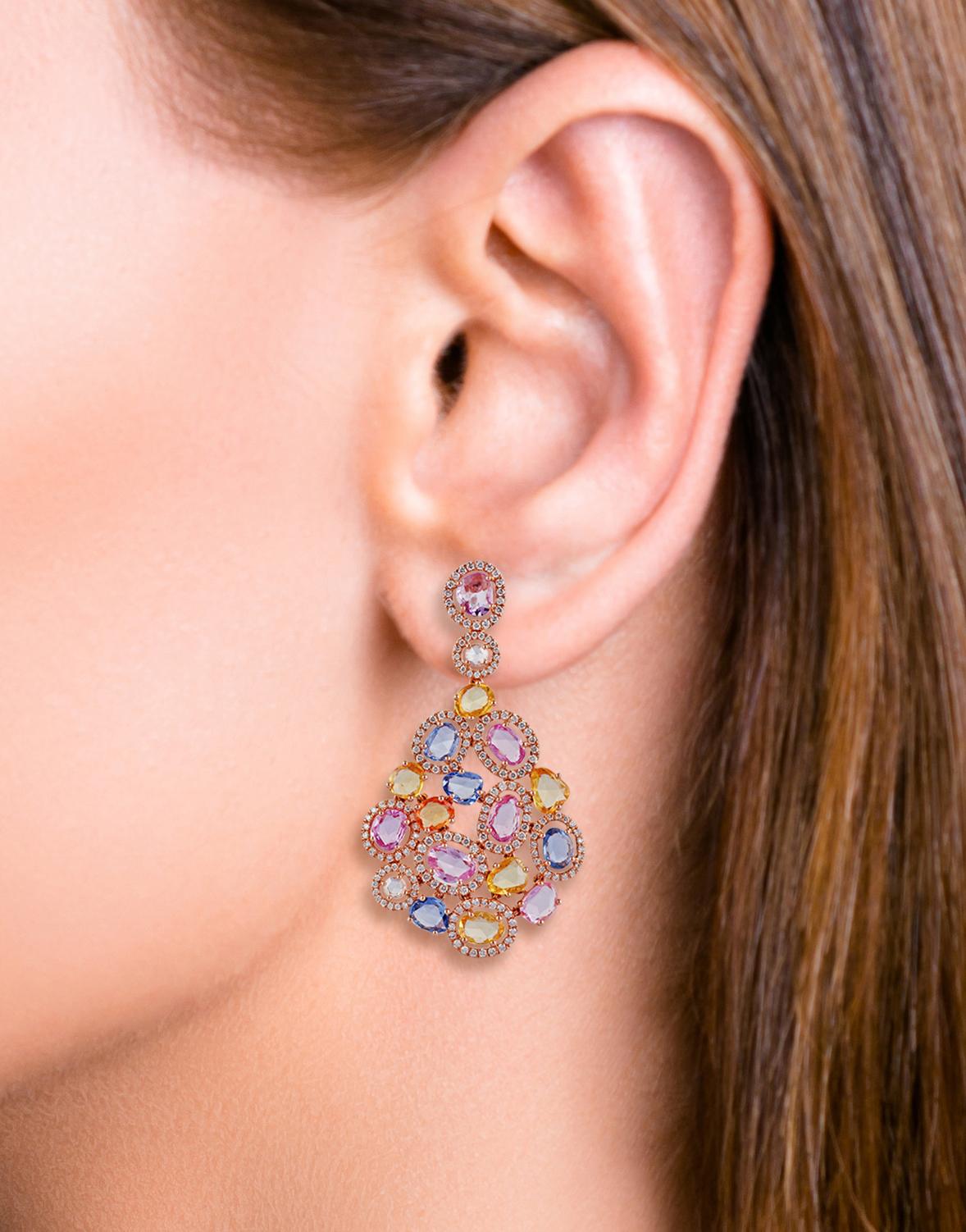 Rose Cut Multicolored Sapphire and Diamond Earring in 18 Karat Rose Gold