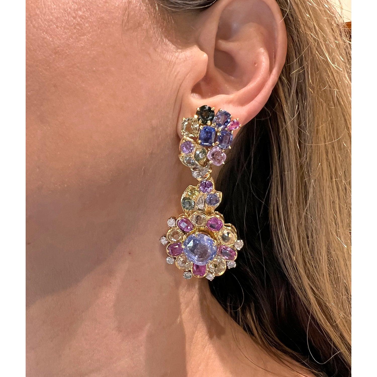 Modern Multicolored Sapphire Diamond Large Drop Earrings