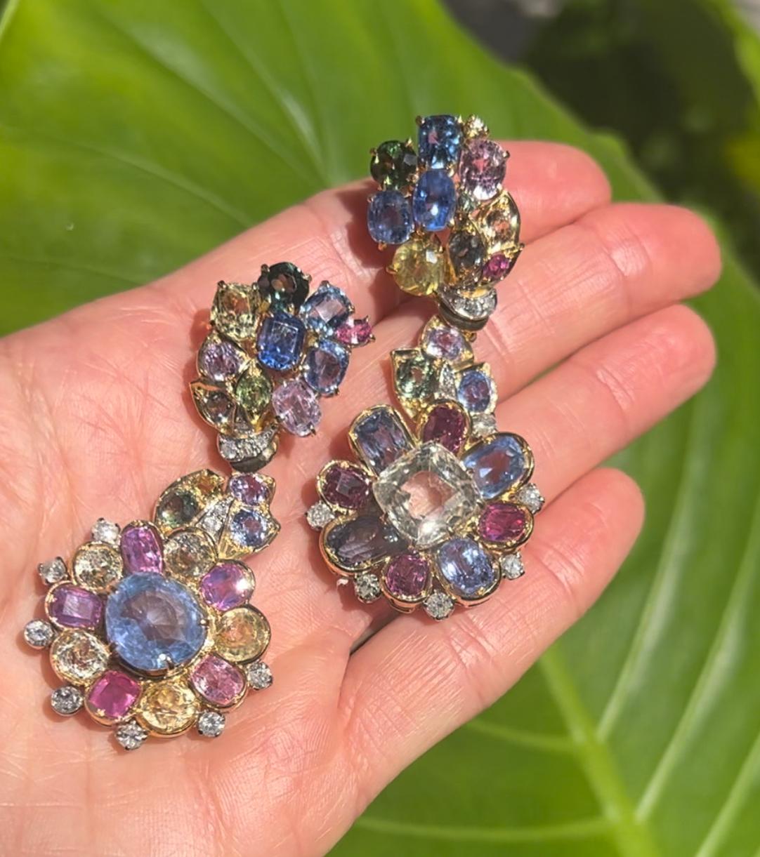 Cushion Cut Multicolored Sapphire Diamond Large Drop Earrings