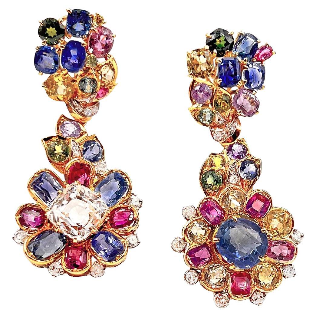Multicolored Sapphire Diamond Large Drop Earrings