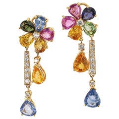 Multicolored Sapphire Diamond Yellow Gold Drop Earrings