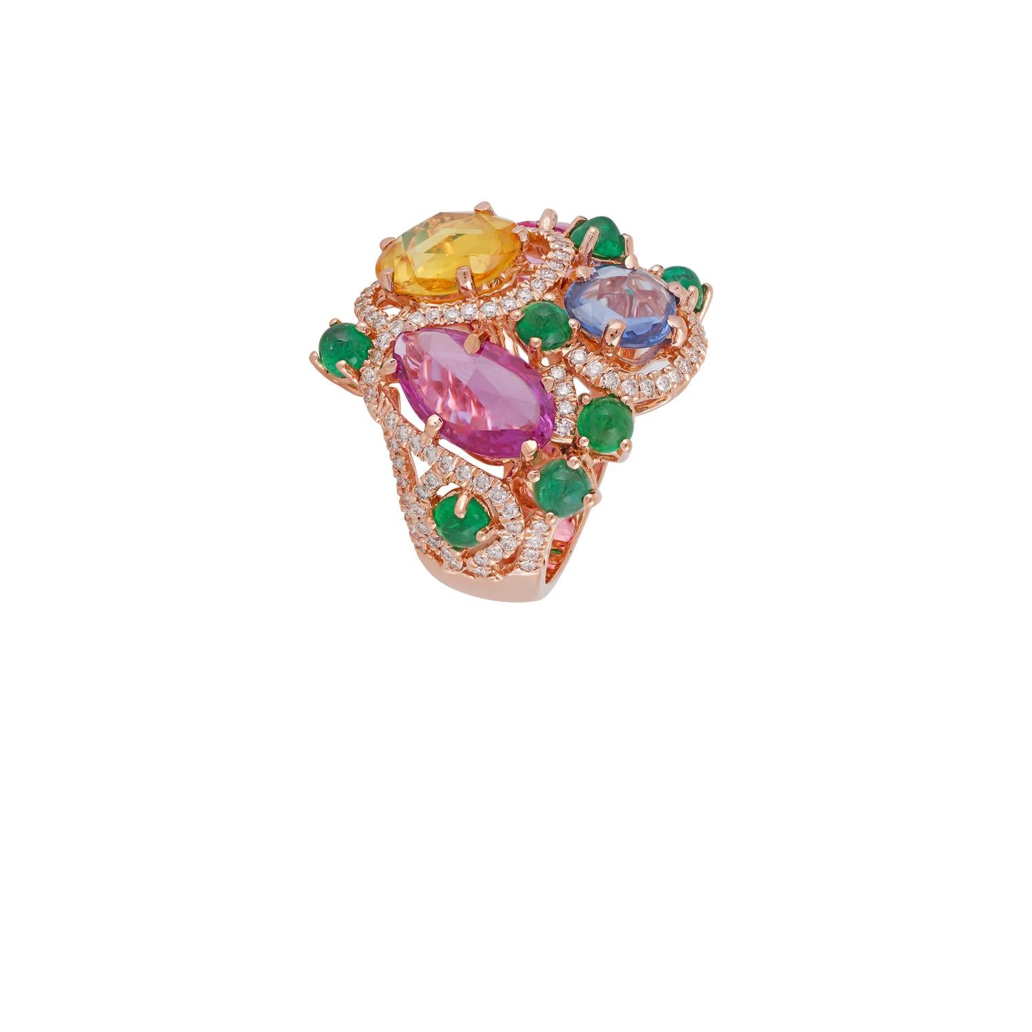 Rose Cut Multi Sapphire - 7.66 Cts.
Cabochon Emerald - 2.06 Cts.
Diamond - 0.78 Cts.
18K Rose Gold - 9.46 Grams 