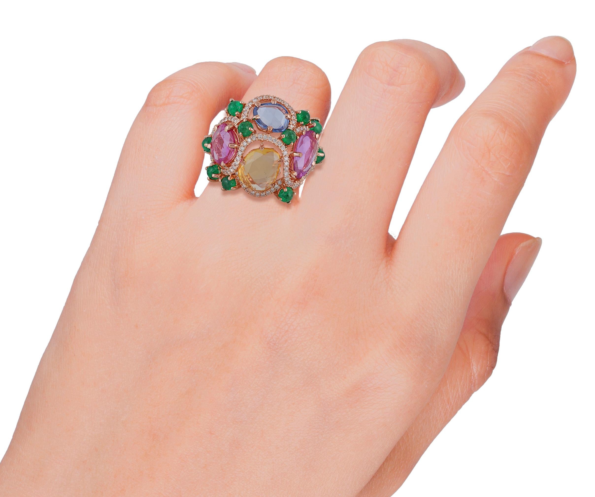 Contemporary Multicolored Sapphire, Emerald and Diamond Ring Studded in Rose Gold