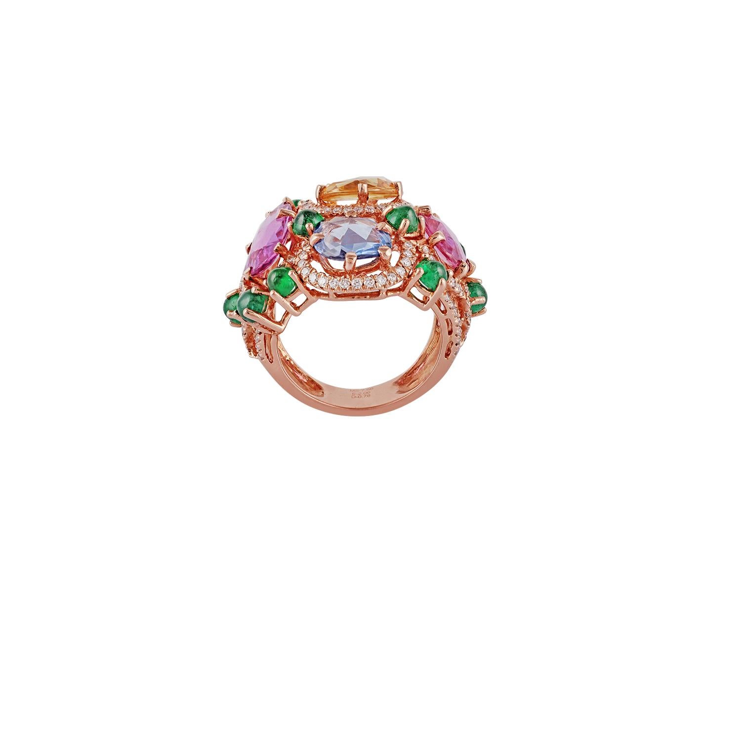 Rose Cut Multicolored Sapphire, Emerald and Diamond Ring Studded in Rose Gold
