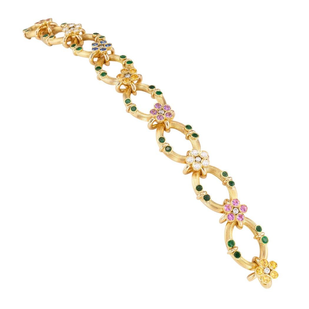 Modern Multicolored Sapphire Emerald Diamond Yellow Gold Link Bracelet