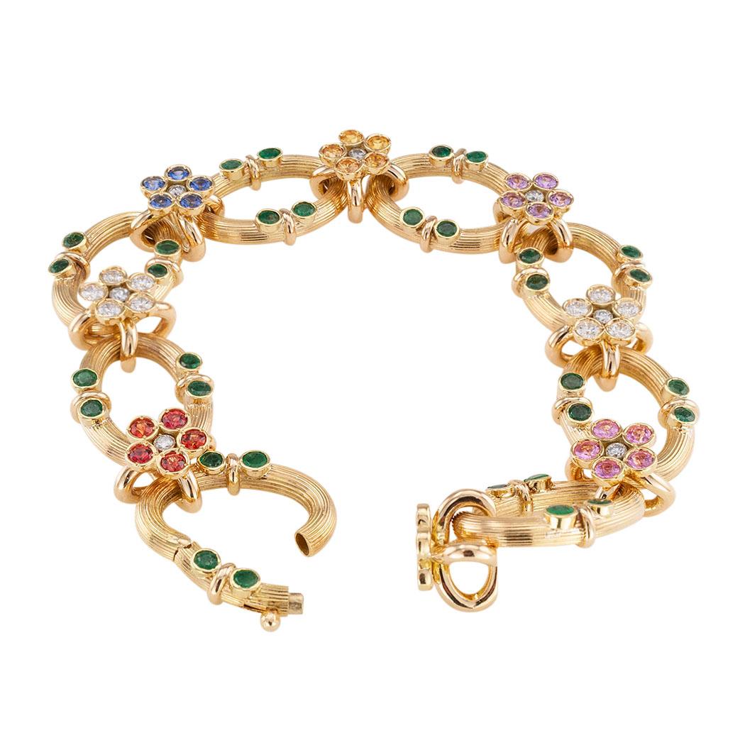 Round Cut Multicolored Sapphire Emerald Diamond Yellow Gold Link Bracelet