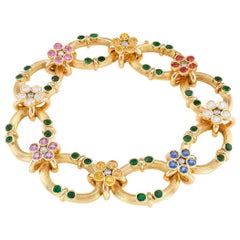 Multicolored Sapphire Emerald Diamond Yellow Gold Link Bracelet