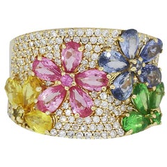 Multicolored Sapphire Gemstone and Diamond Band Ring