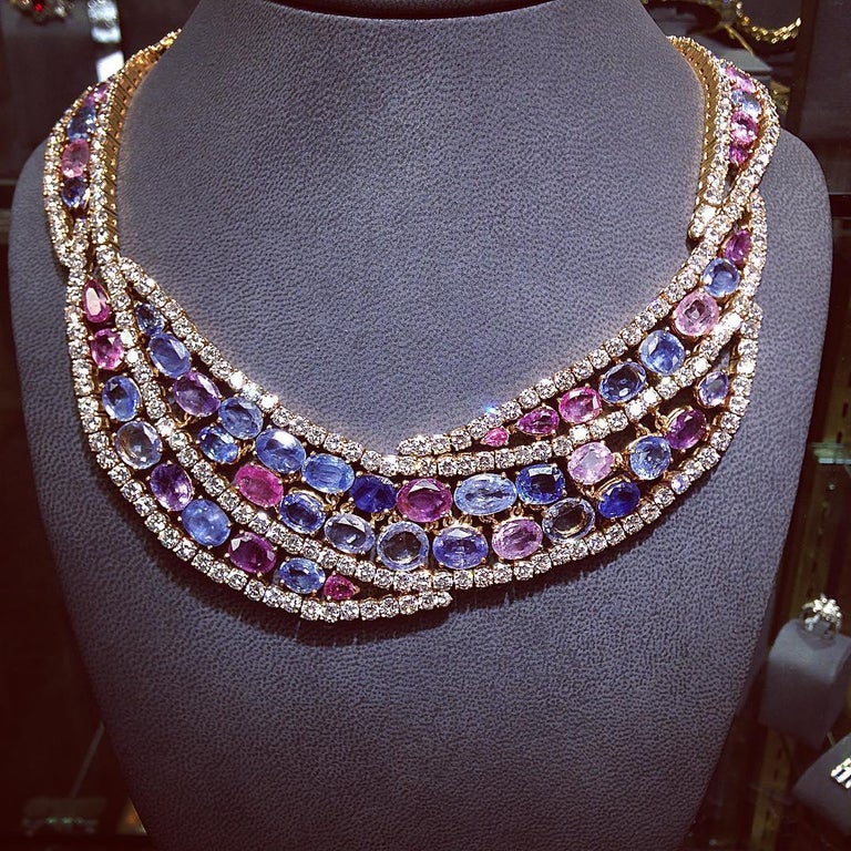 Cute Colourful Multi Sapphire Diamond Gold Necklace for Her For Sale at  1stDibs