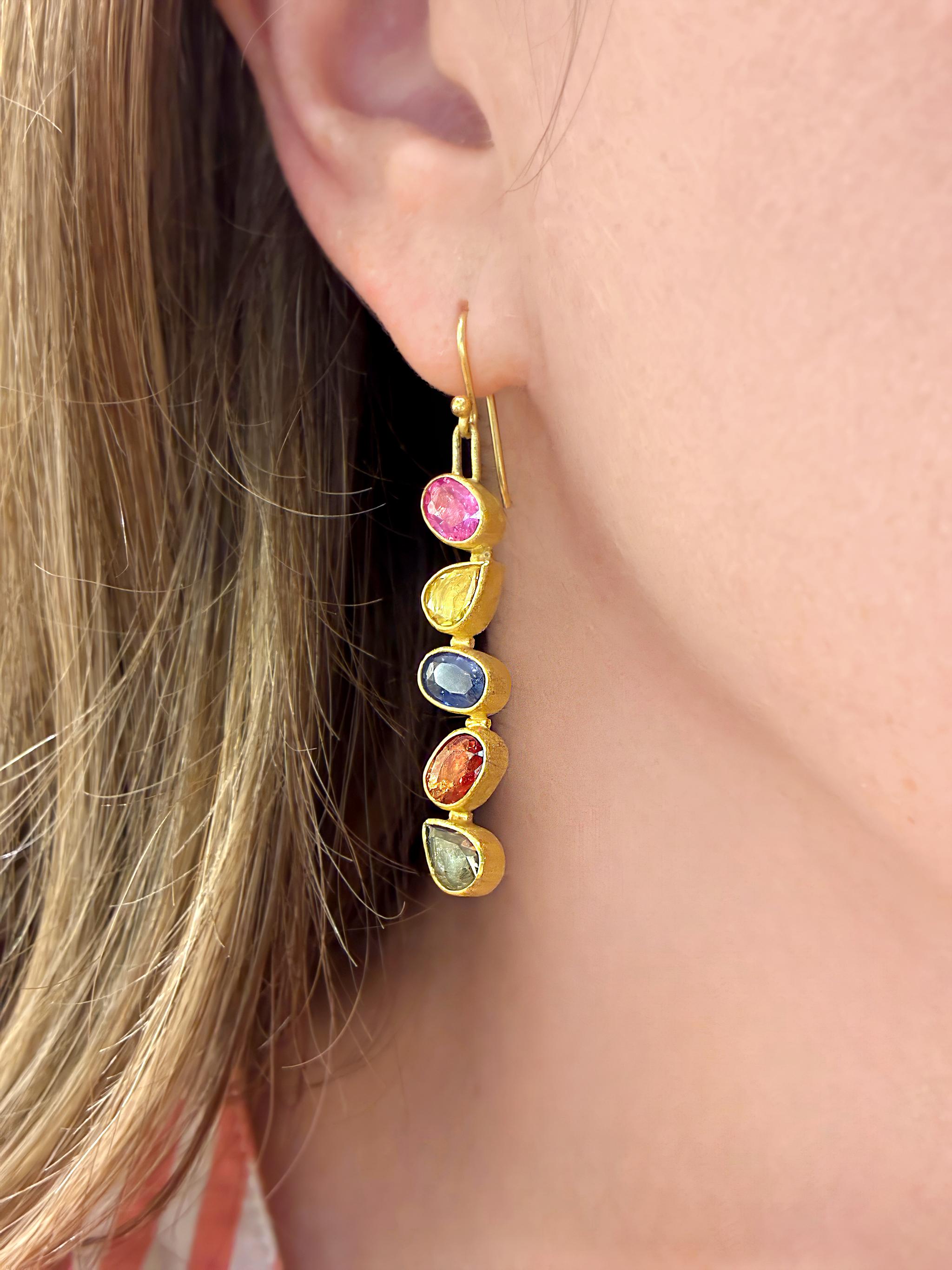 Mixed Cut Multicolored Sapphire One of a Kind Linear Drop Earrings, Petra Class 2025 For Sale