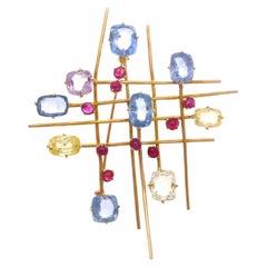 Multicolored Sapphire Ruby Gold Brooch Pin