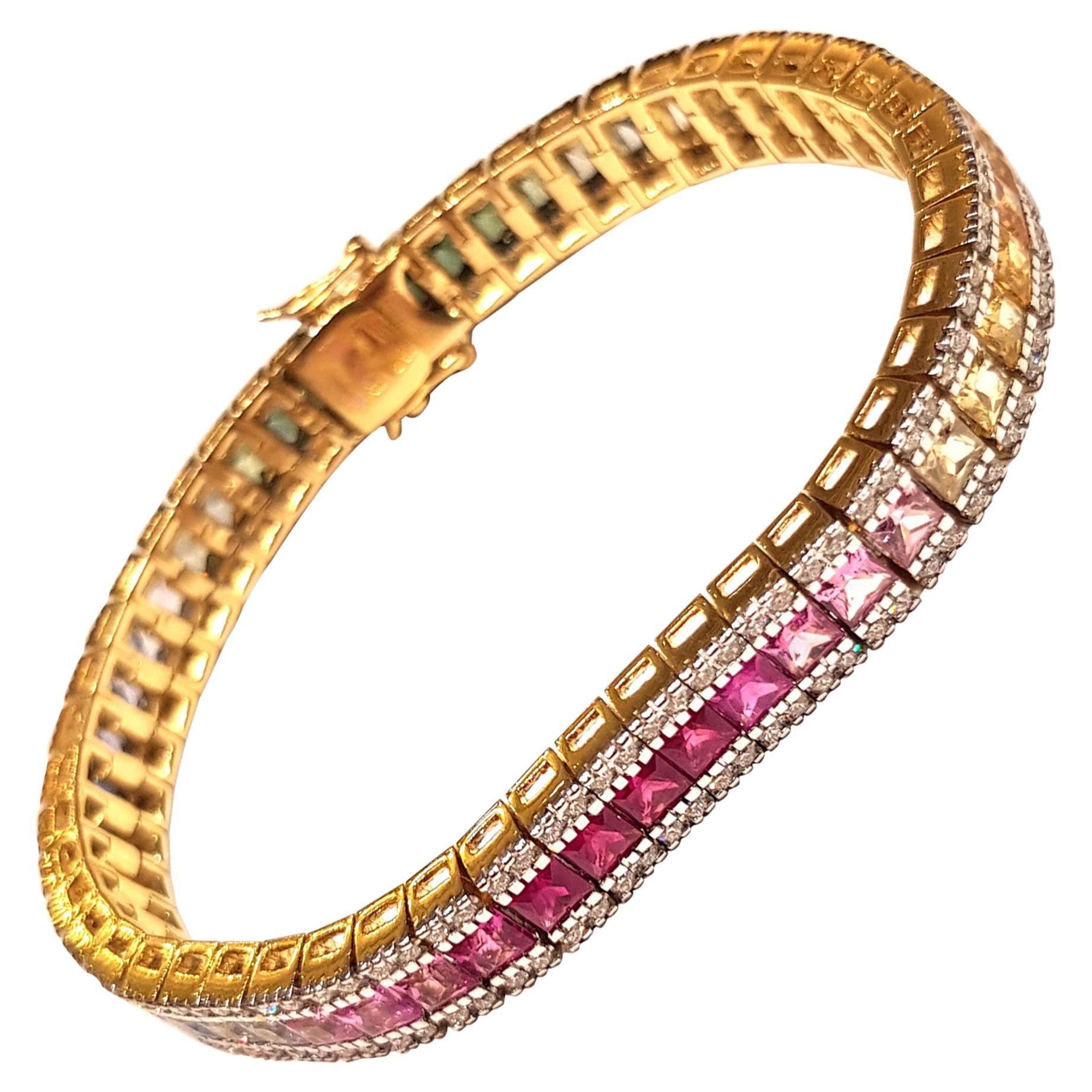 Multicolored Sapphire with Diamond 2.03 Carat Bracelet in 18 Karat Gold For Sale