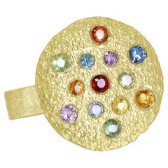 Multicolored Sapphires 22k Gold One of a Kind Lava Disc Ring, Petra Class, 2023