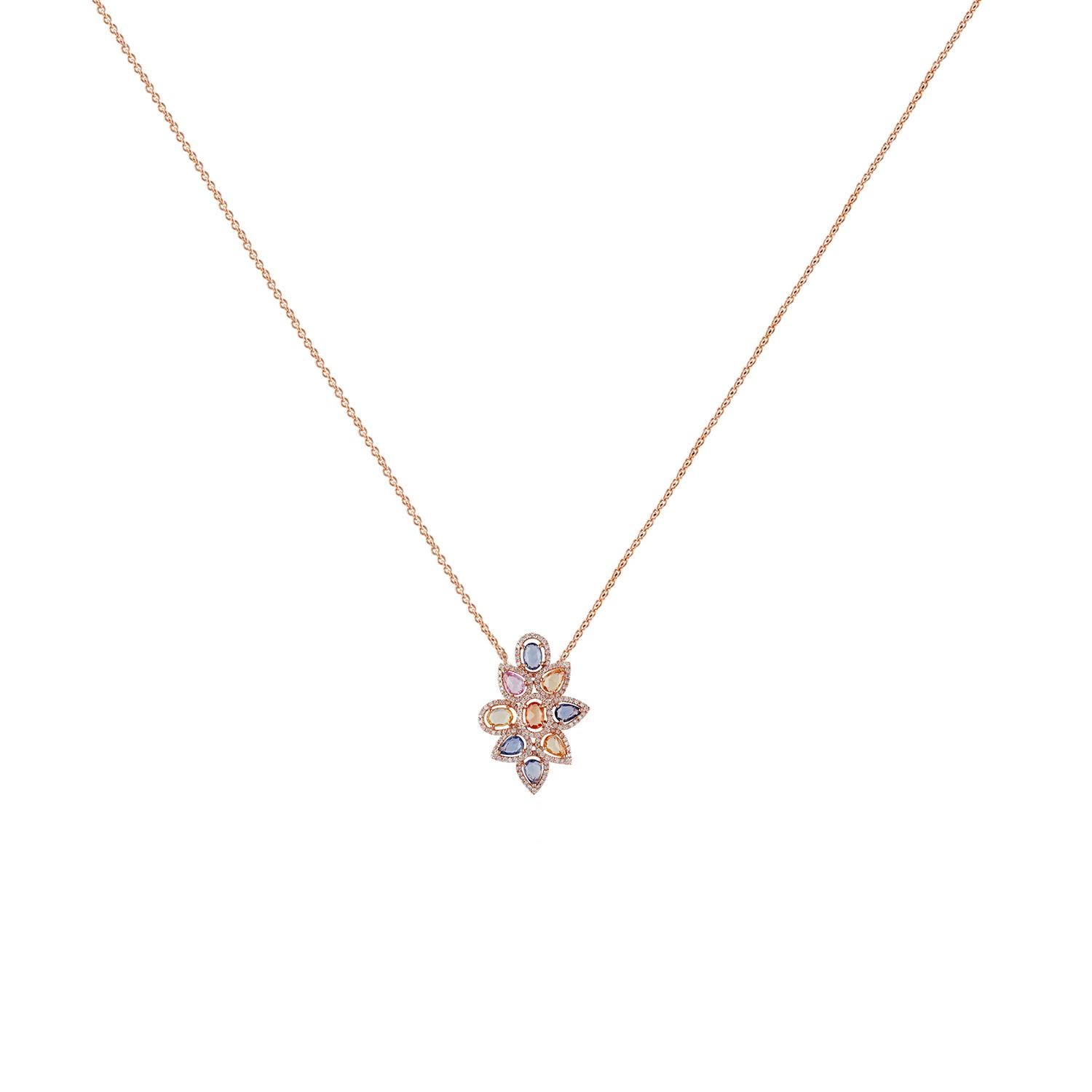 Contemporary Multicolored Sapphires and Diamond Pendant Necklace, Set in 18 Karat Rose Gold For Sale