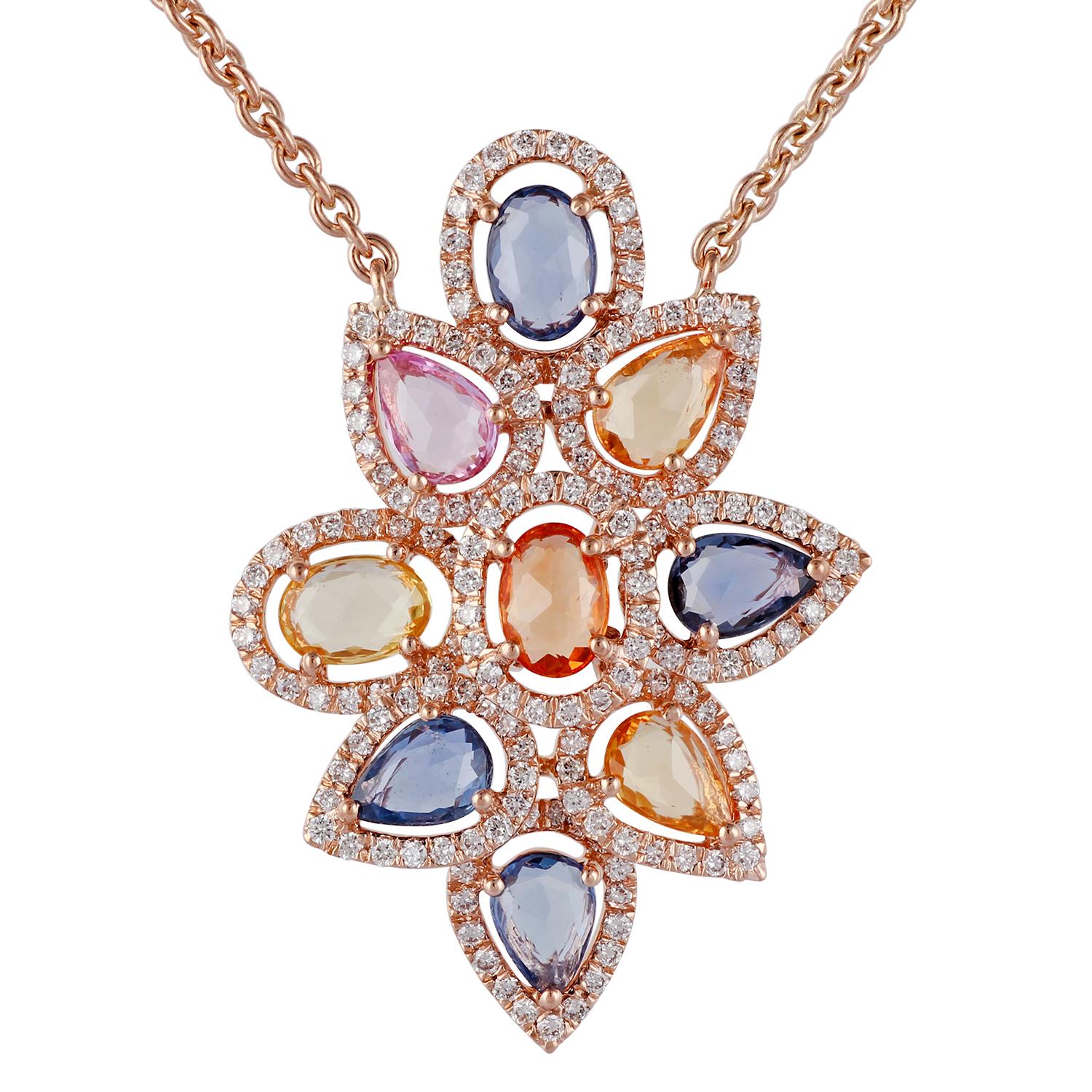 Oval Cut Multicolored Sapphires and Diamond Pendant Necklace, Set in 18 Karat Rose Gold For Sale
