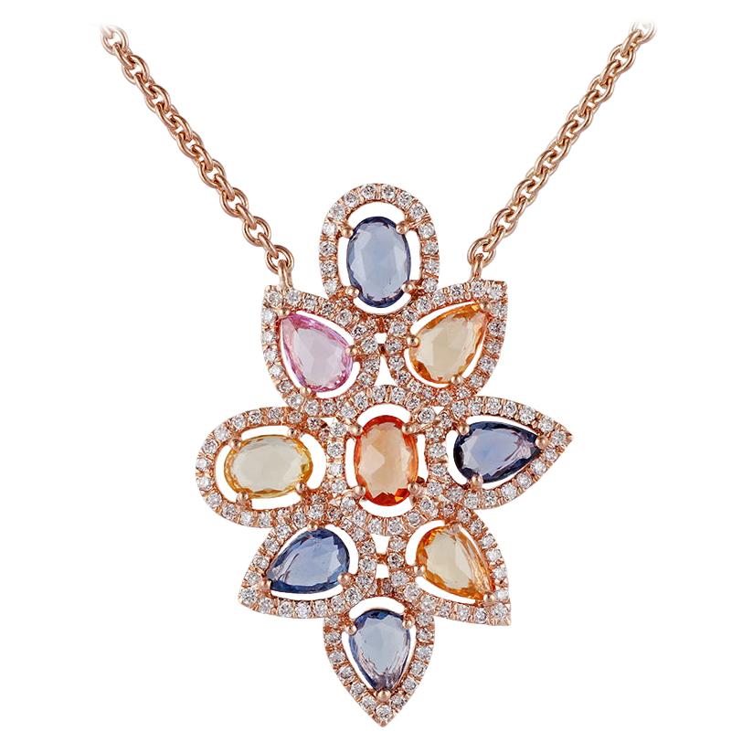 Multicolored Sapphires and Diamond Pendant Necklace, Set in 18 Karat Rose Gold For Sale