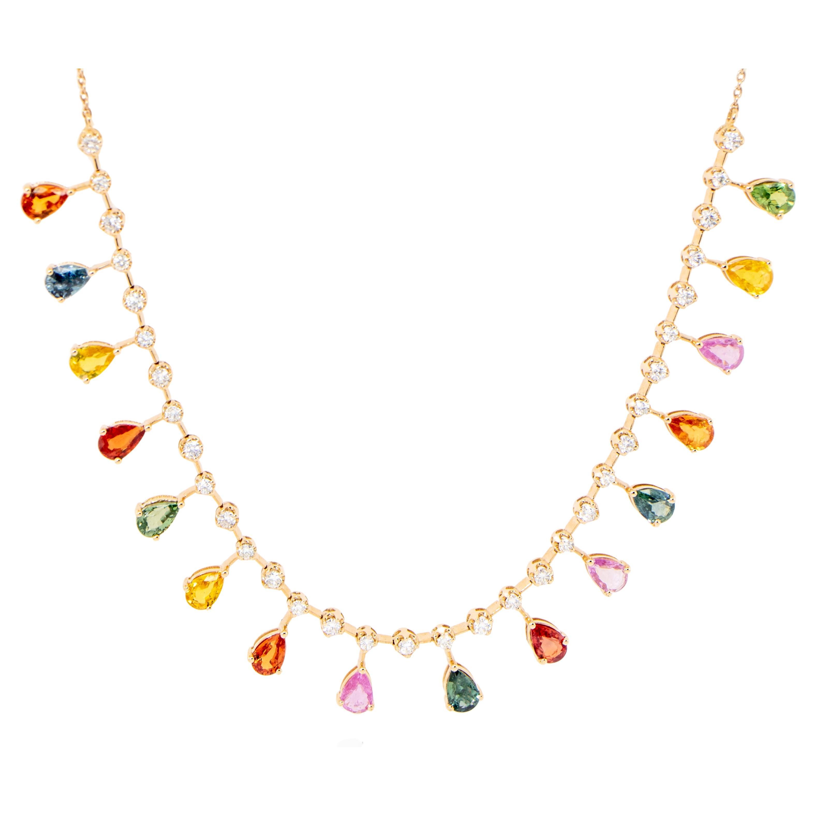 Mehrfarbige Saphir- und Diamanten-Halskette 8.7 Karat 18K Gold