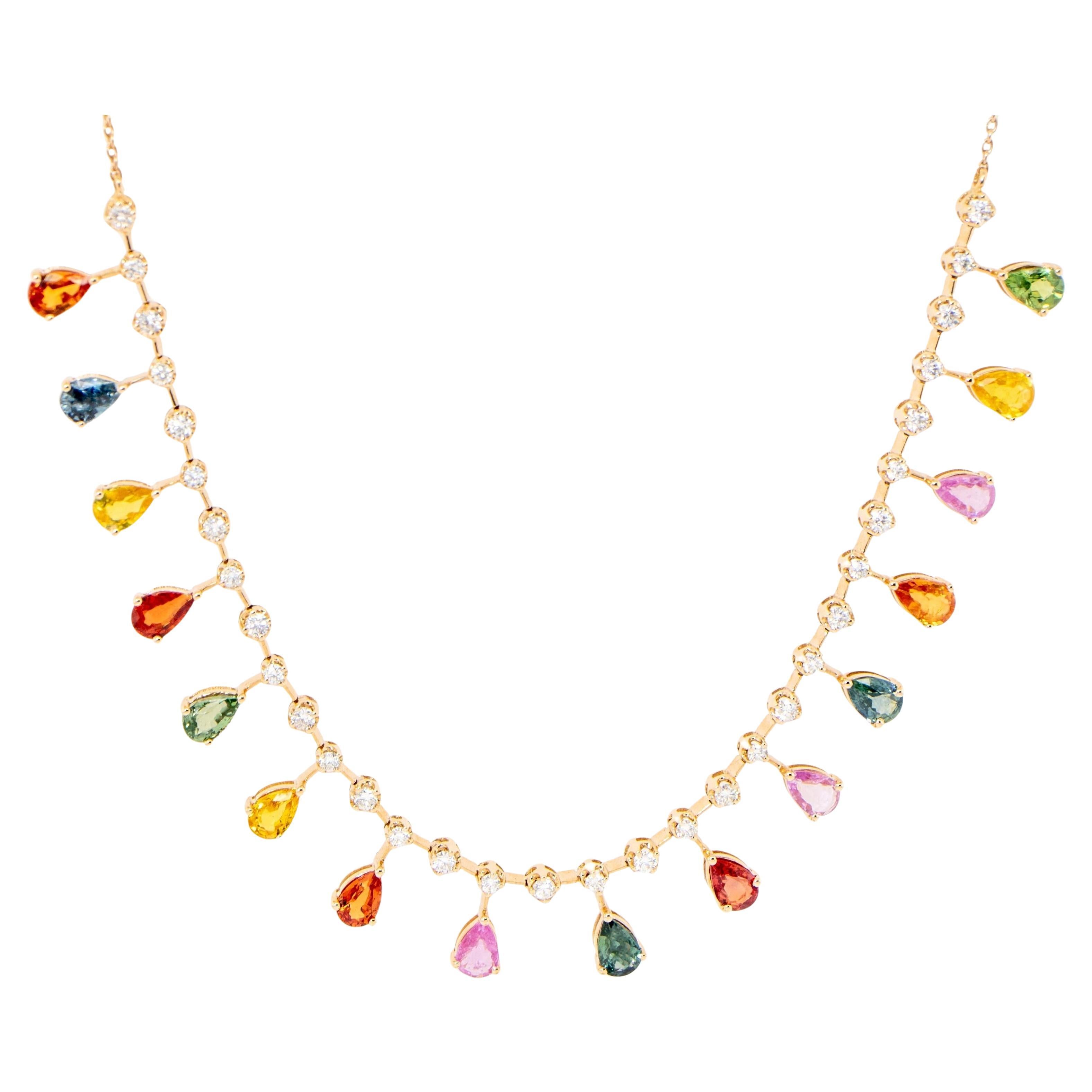 Mehrfarbige Saphir- und Diamanten-Halskette 8.7 Karat 18K Gold