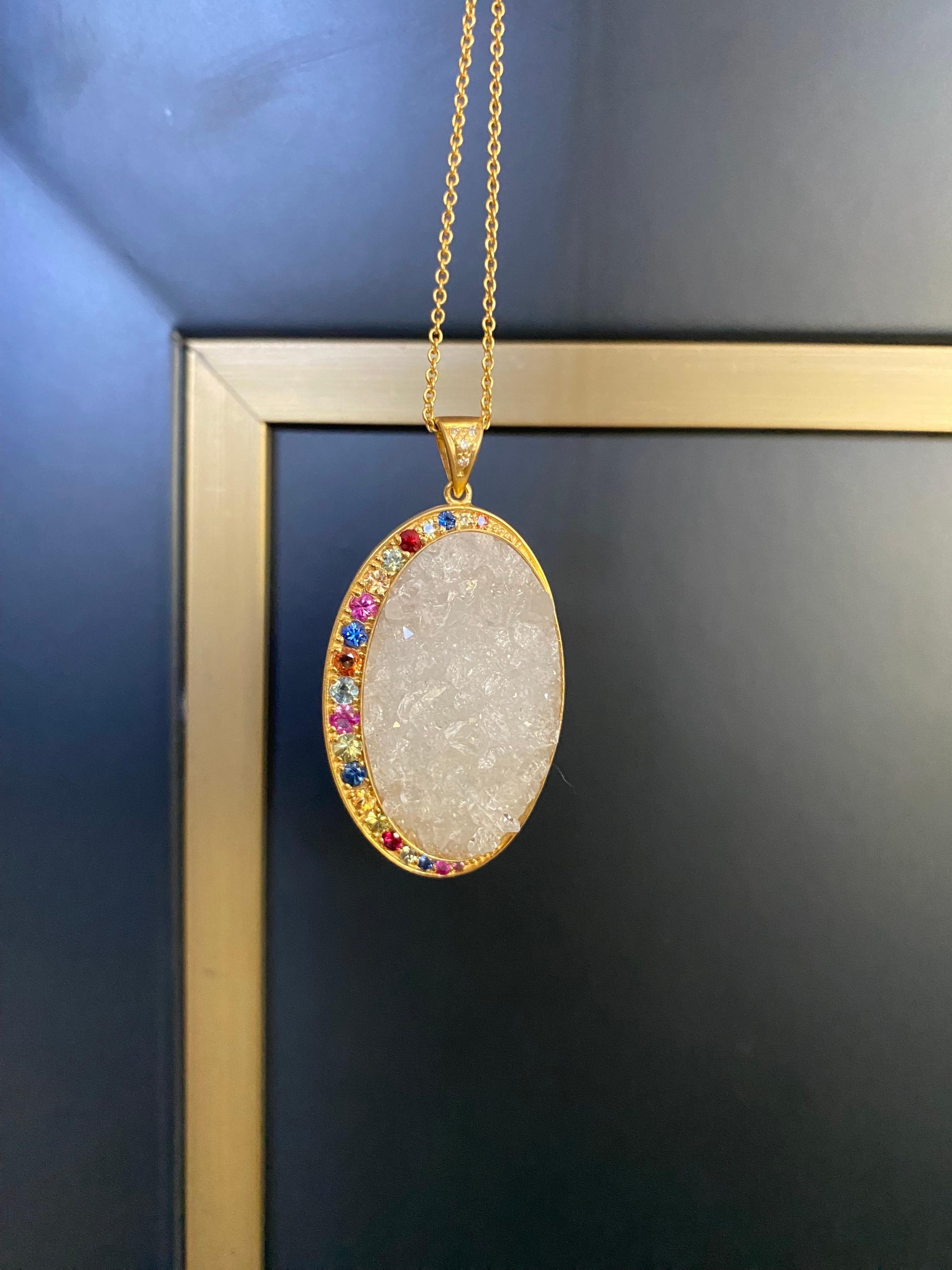 Oval Cut Multicolored Sapphires, Crystal Quartz, 18 karat Gold Oval Pendant Necklace For Sale