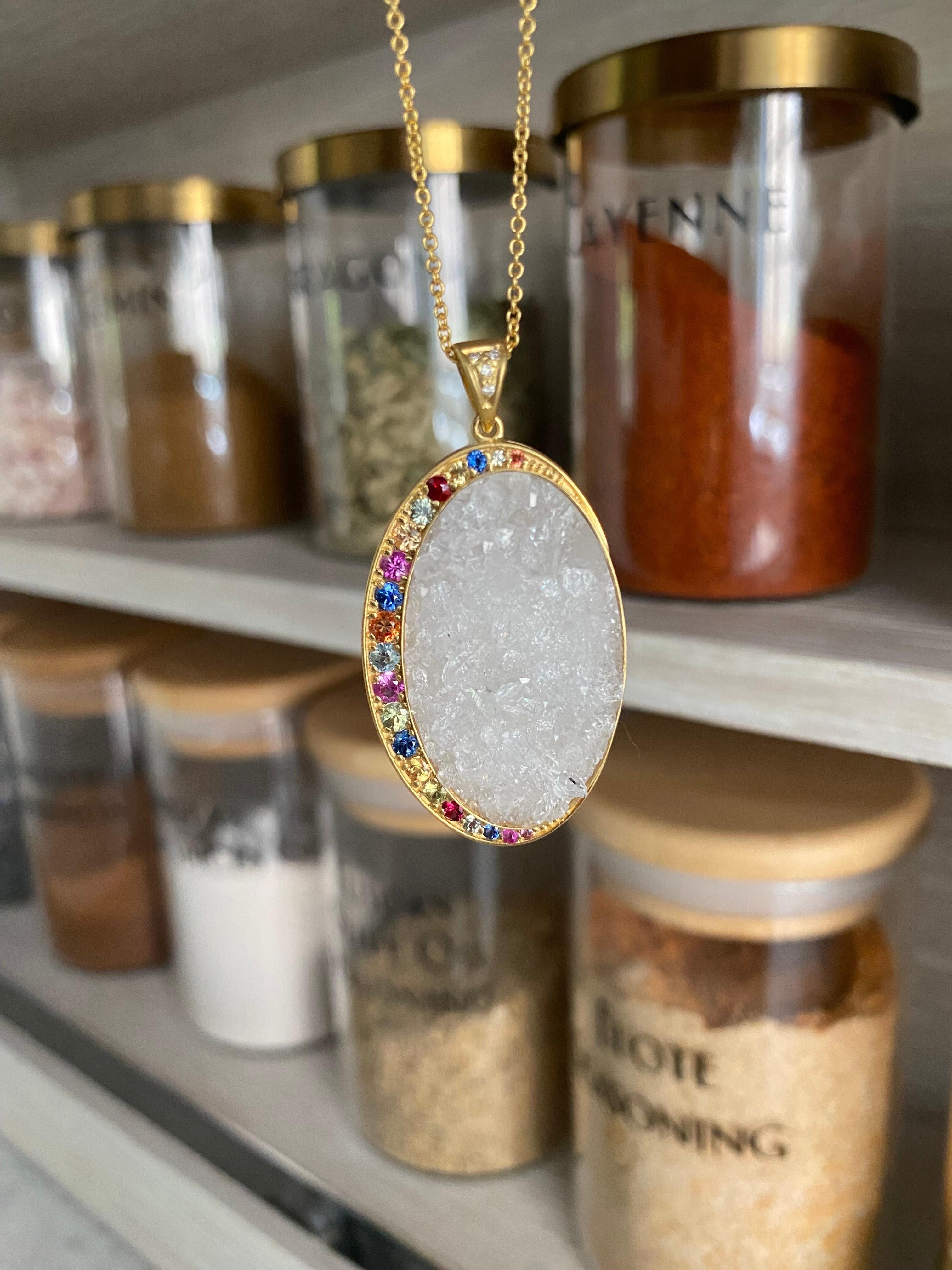 Women's Multicolored Sapphires, Crystal Quartz, 18 karat Gold Oval Pendant Necklace For Sale