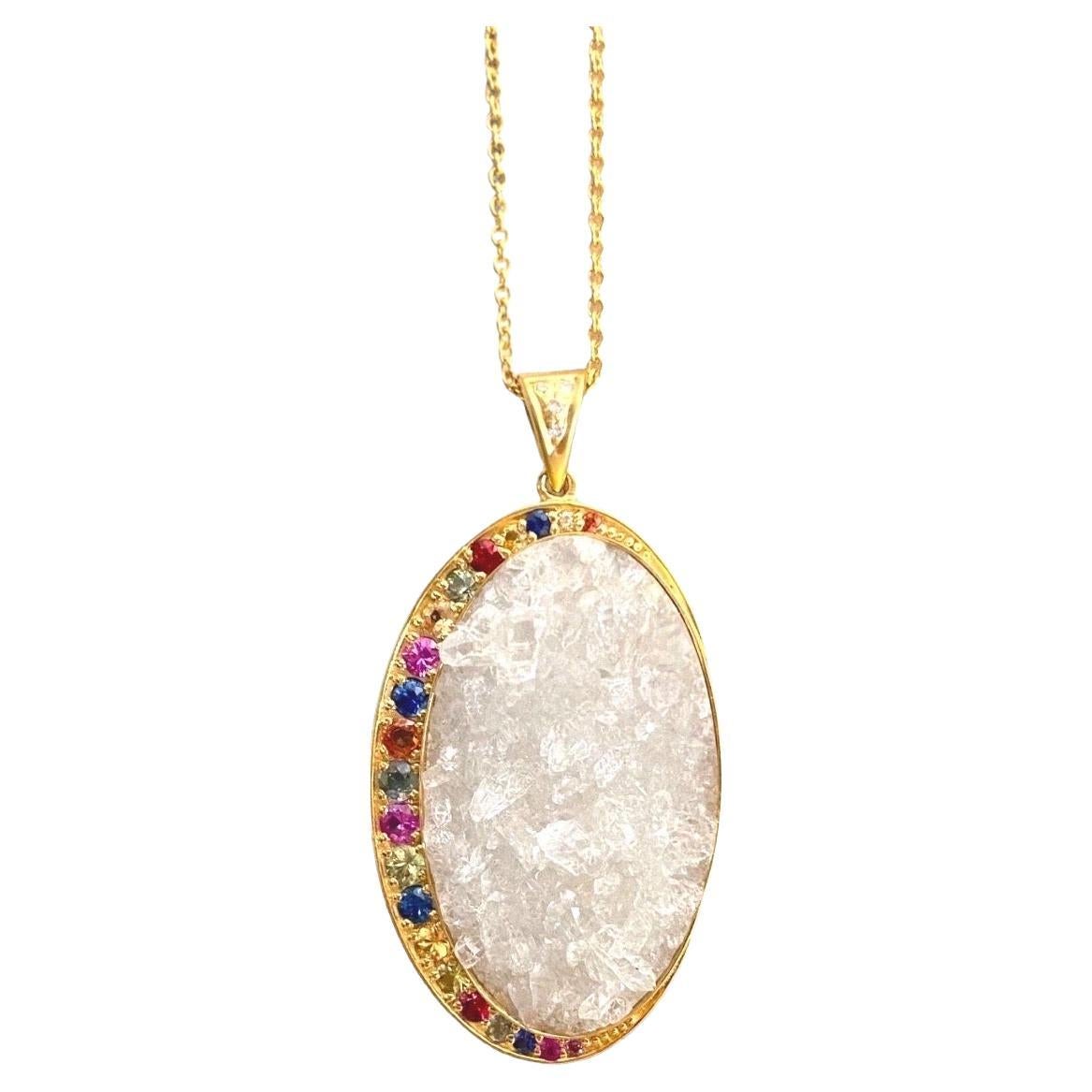 Multicolored Sapphires, Crystal Quartz, 18 karat Gold Oval Pendant Necklace For Sale
