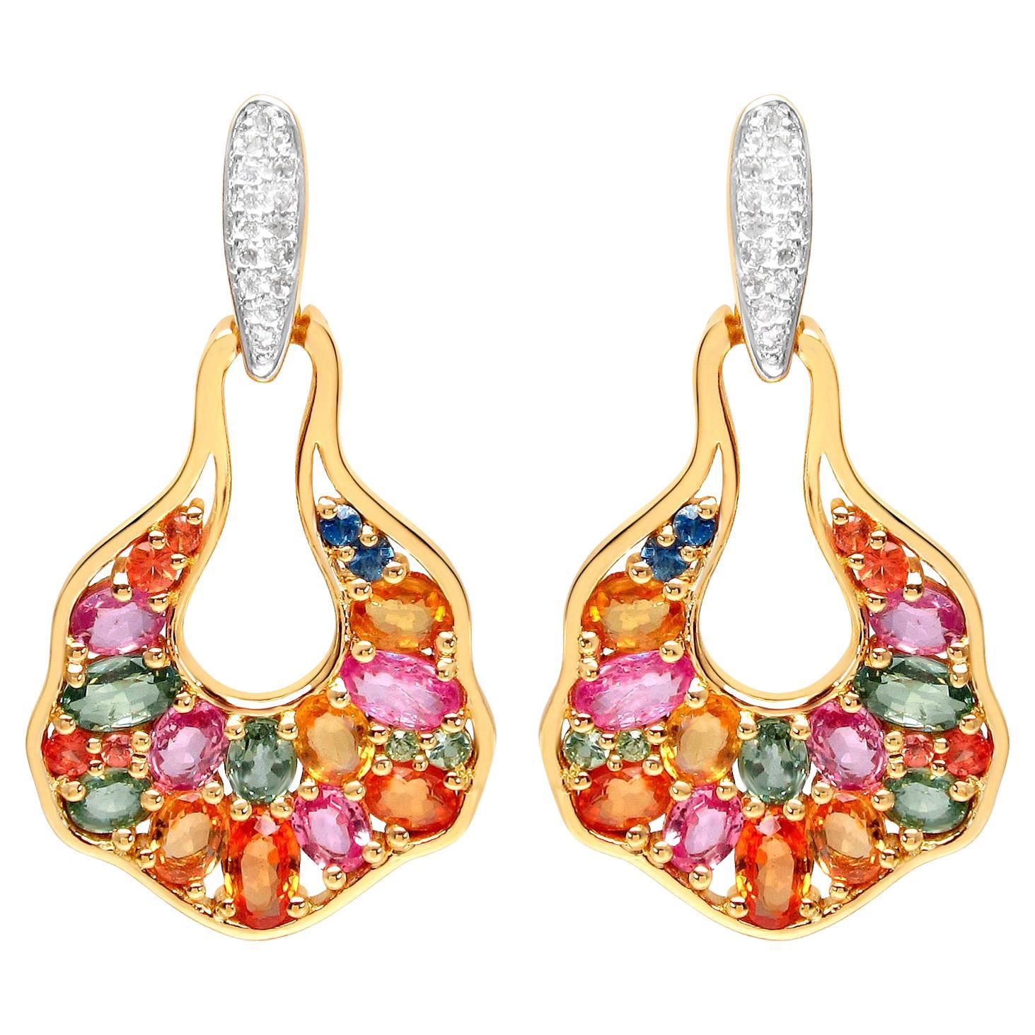 Multicolored Sapphires Dangle Earrings White Zircon 5.7 Carats 14K Gold Plated For Sale