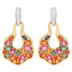 Pendants d'oreilles en or 14 carats avec saphirs multicolores et zircon blanc 5,7 carats