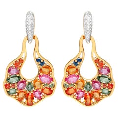 Multicolored Sapphires Dangle Earrings White Zircon 5.7 Carats 14K Gold Plated