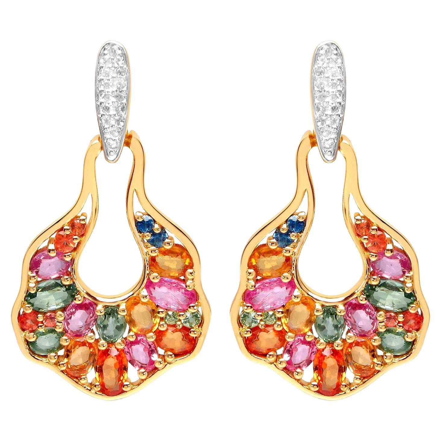Multicolored Sapphires Dangle Earrings White Zircon 5.7 Carats 14K Gold Plated