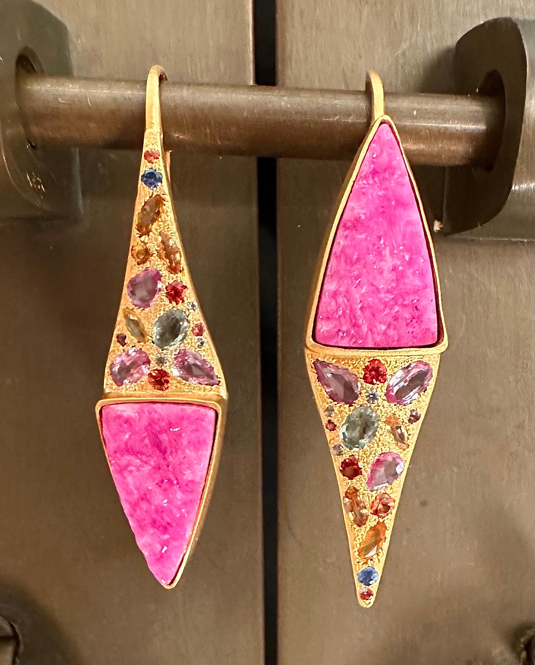 Multicolored Sapphires, Pink Quartz and 18kt Gold Earrings by Lauren Harper For Sale 5