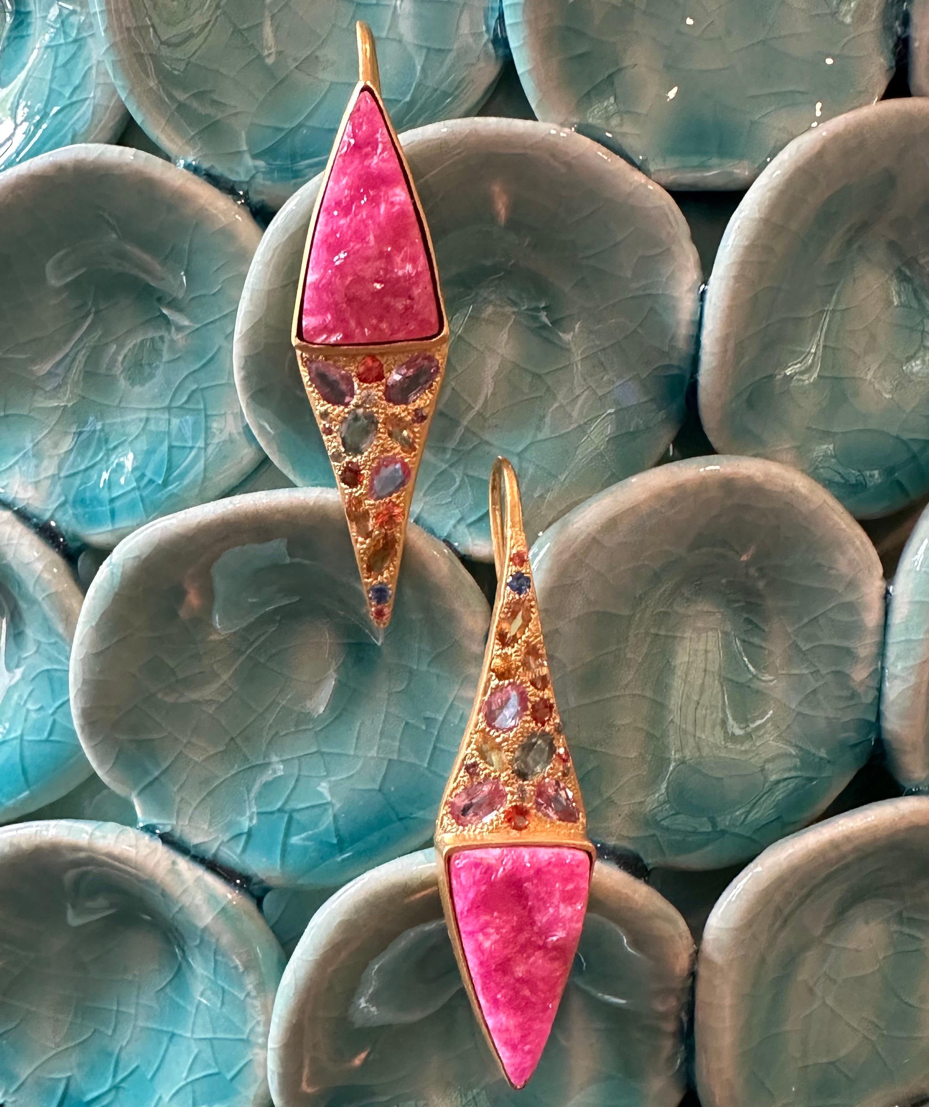 Pink Quartz and Multicolored Sapphire and 18kt Gold Earrings are a perfect bright addition to a summer jewelry box. Designed by award winning jewelry designer, Lauren Harper, the vibrant pink quartz center stones are surrounded by sparkly and