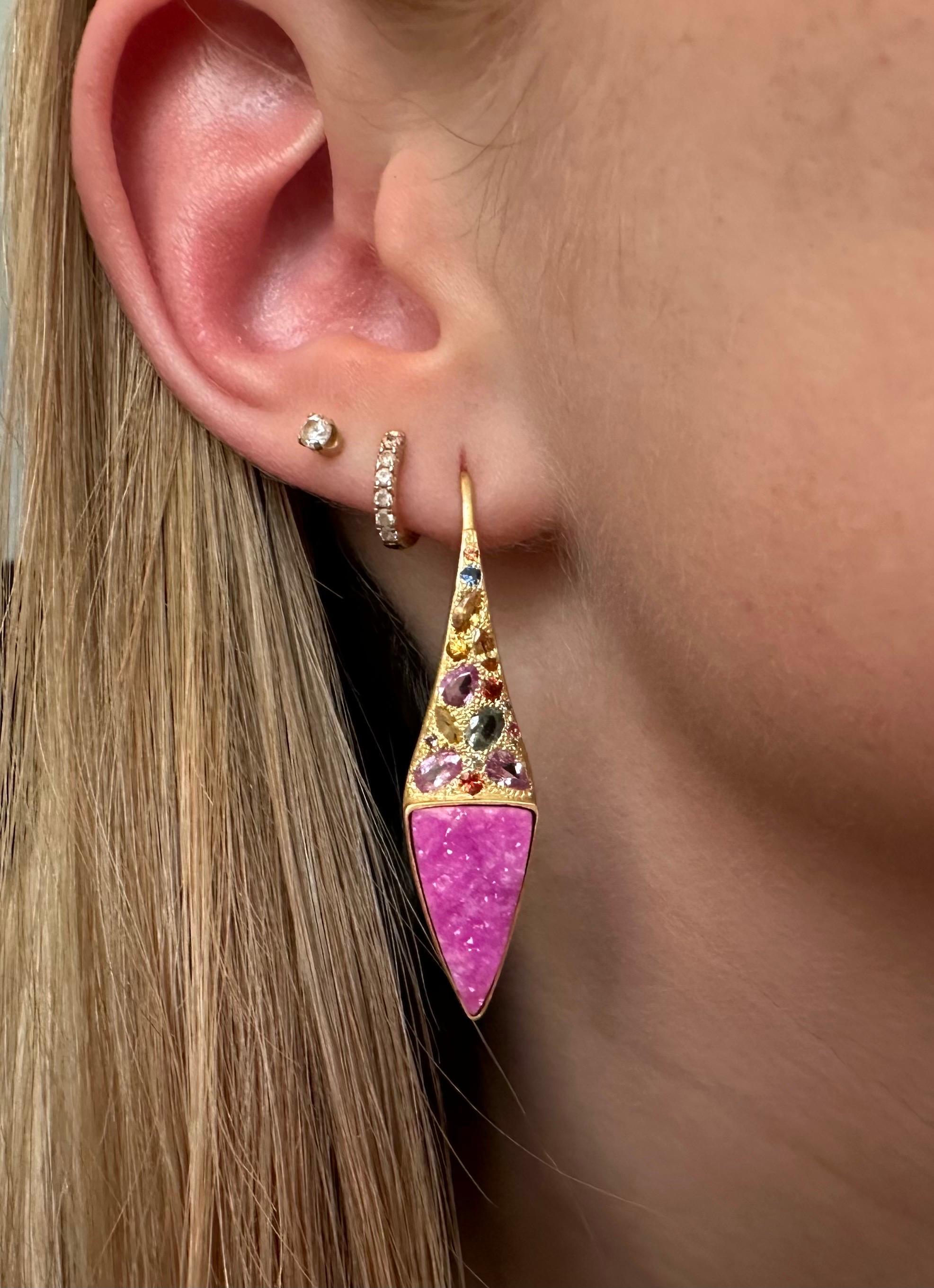 Artist Multicolored Sapphires, Pink Quartz and 18kt Gold Earrings by Lauren Harper For Sale