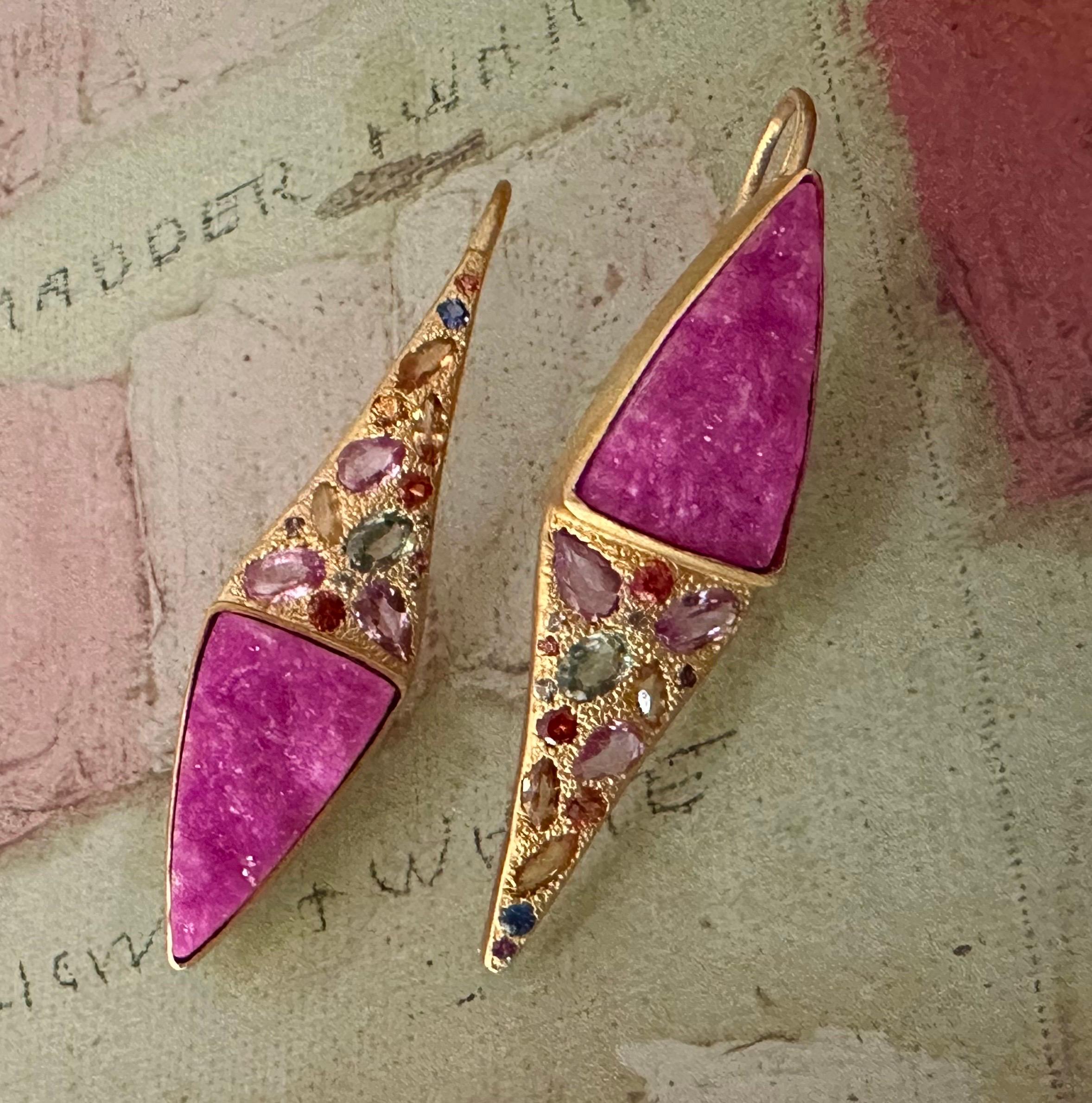 Mixed Cut Multicolored Sapphires, Pink Quartz and 18kt Gold Earrings by Lauren Harper For Sale
