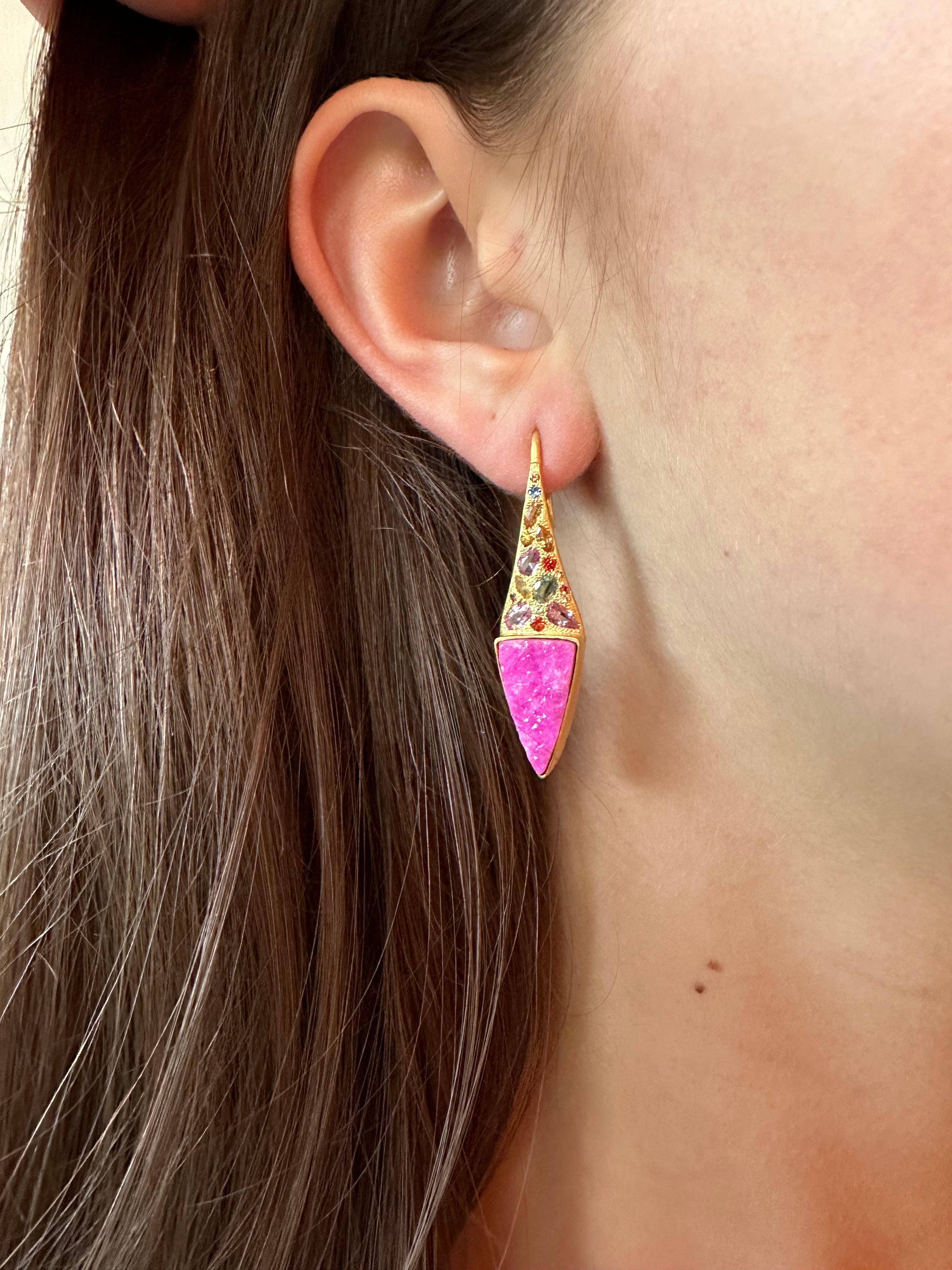Women's Multicolored Sapphires, Pink Quartz and 18kt Gold Earrings by Lauren Harper For Sale