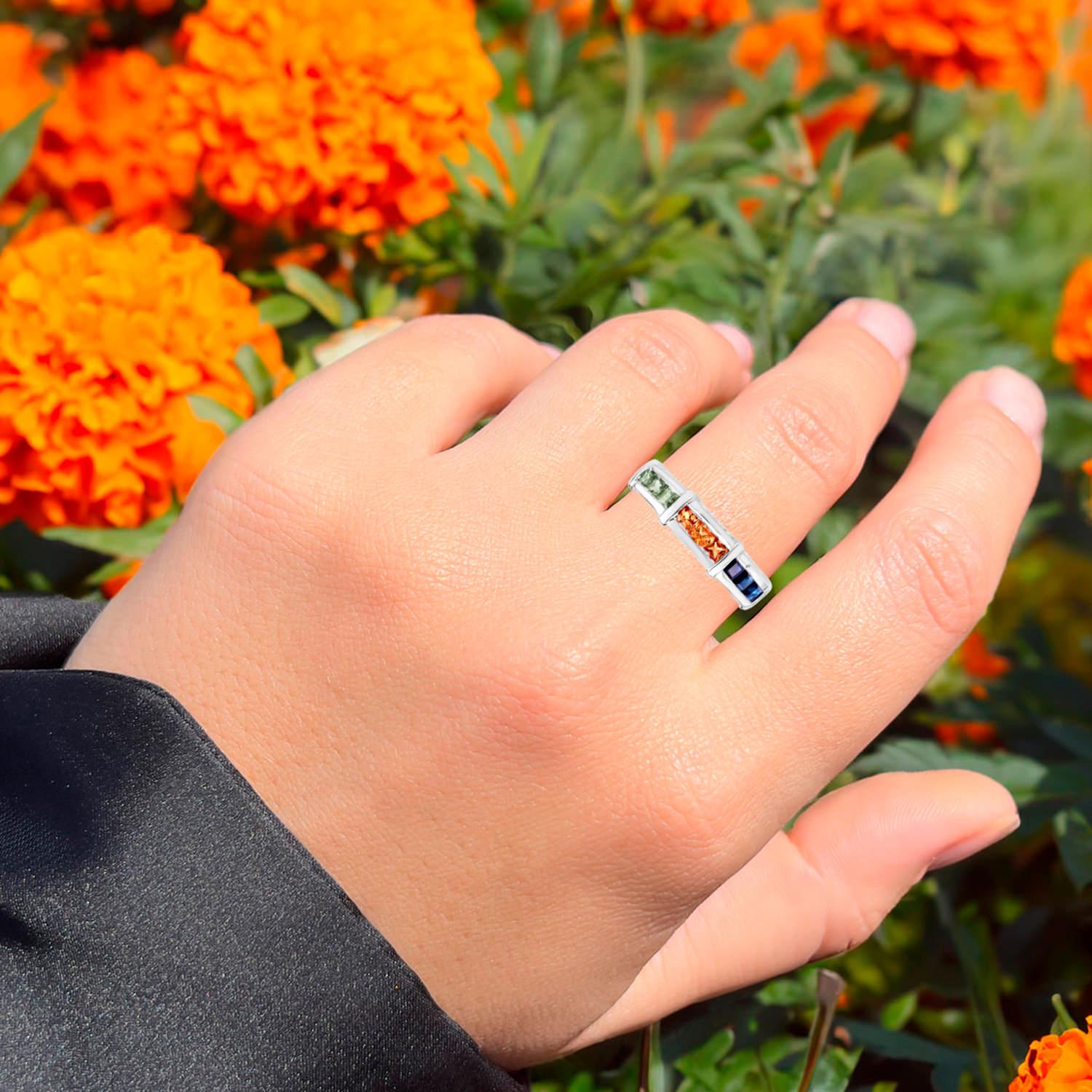 Contemporary Multicolored Sapphires Ring Green Orange Blue Sterling Silver For Sale